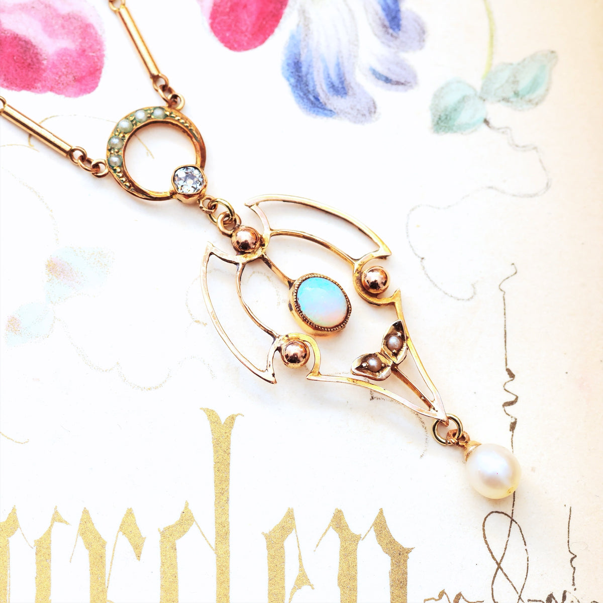 Antique Edwardian Opal, Diamond & Pearl Pendant