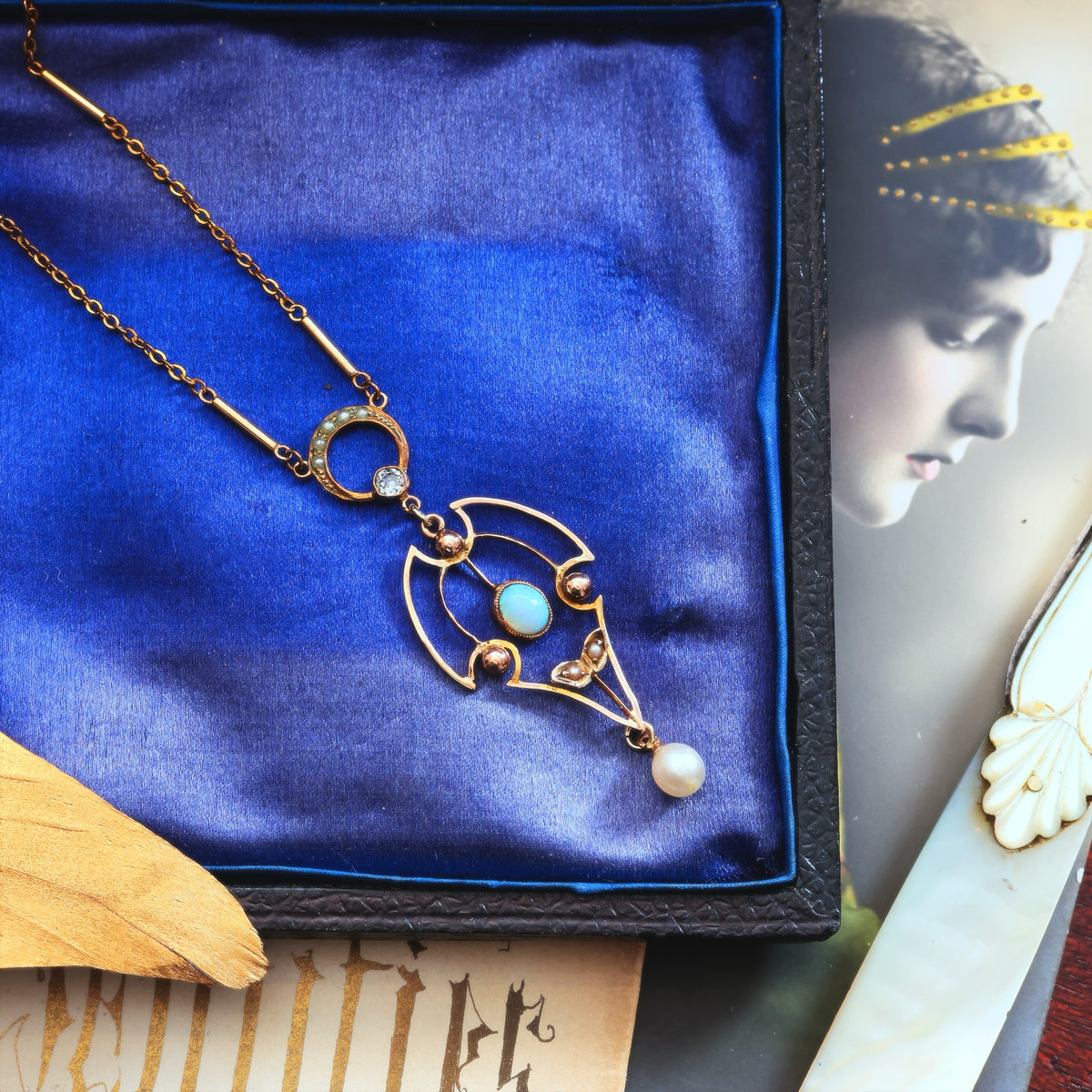 Antique Edwardian Opal, Diamond & Pearl Pendant