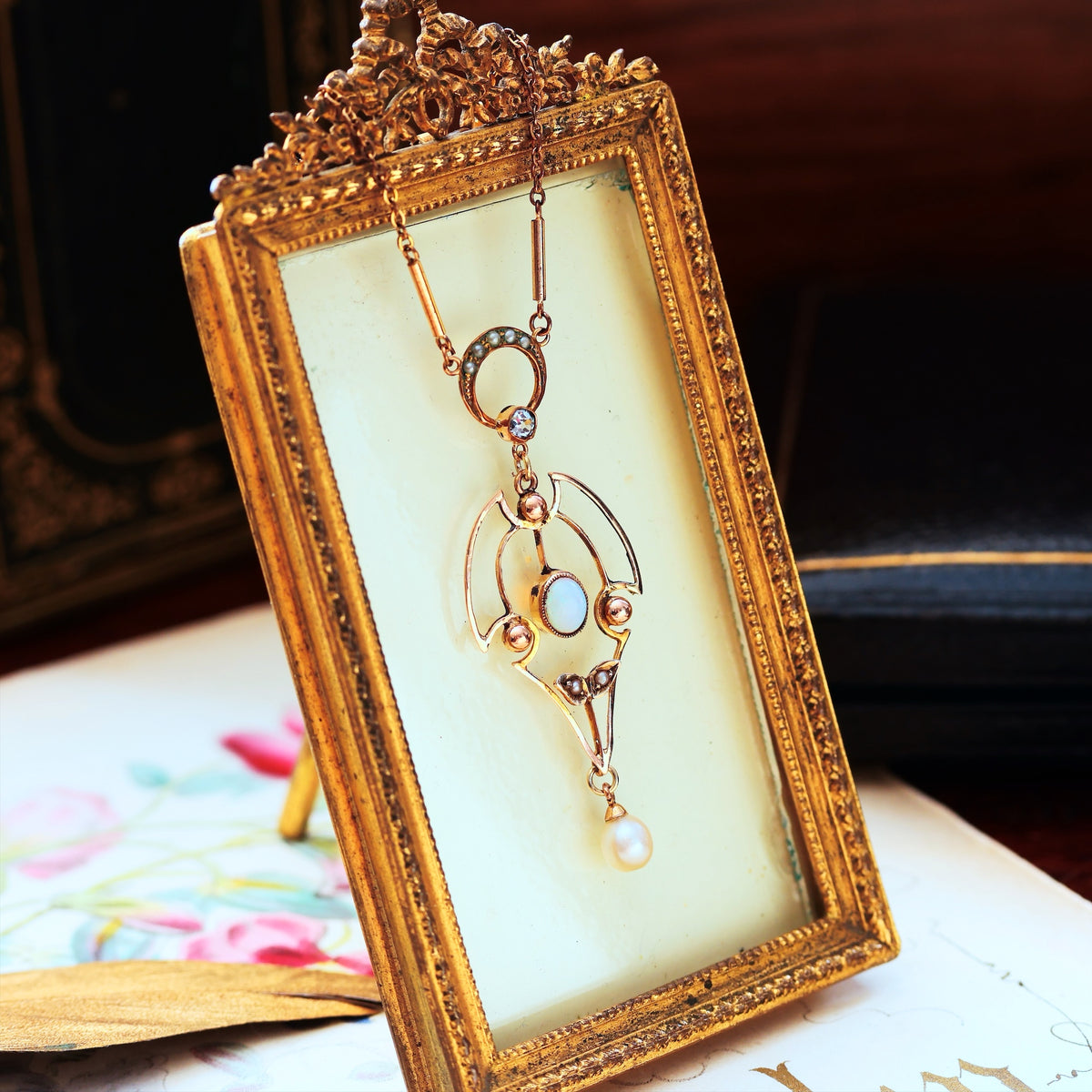 Antique Edwardian Opal, Diamond & Pearl Pendant