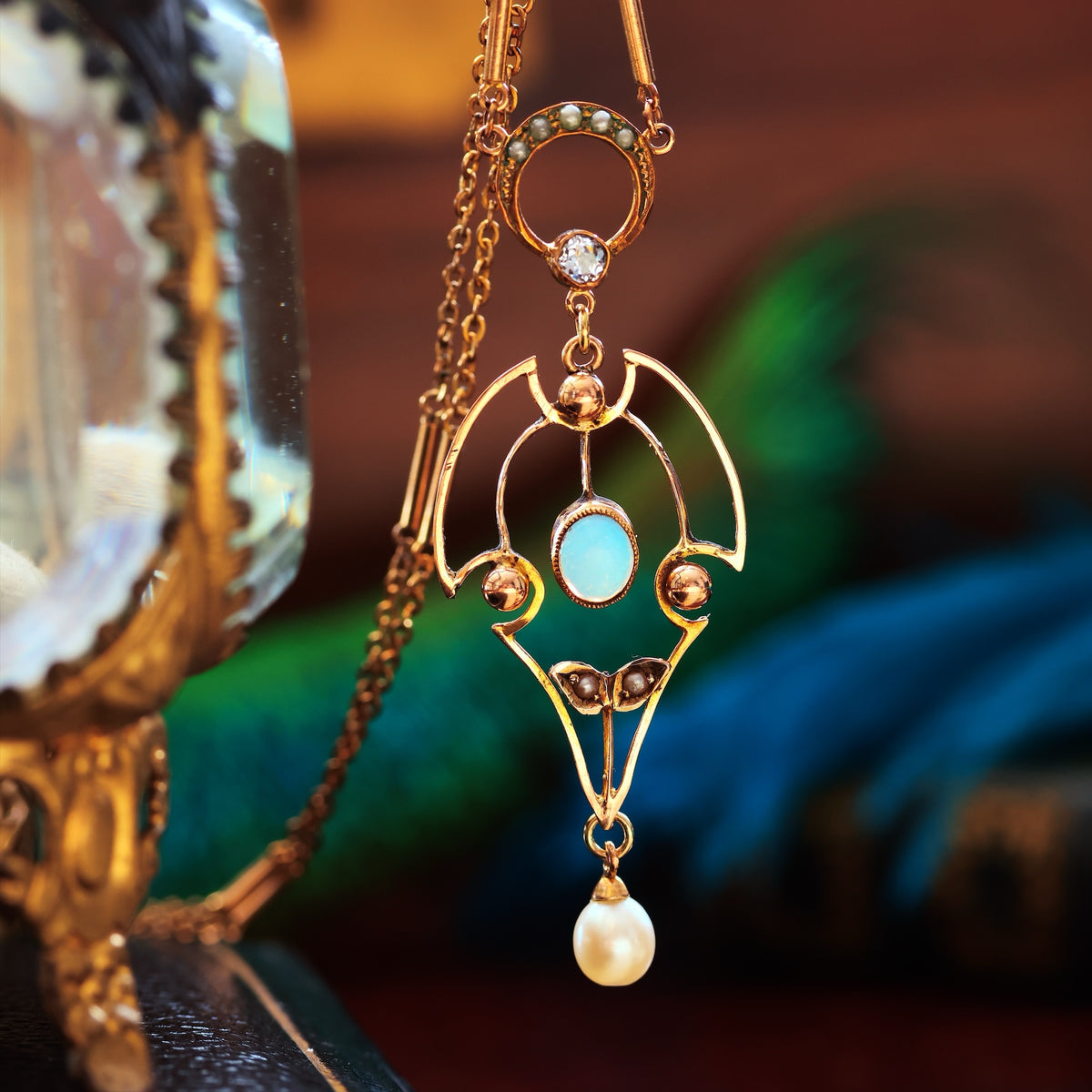 Antique Edwardian Opal Diamond & Pearl Pendant
