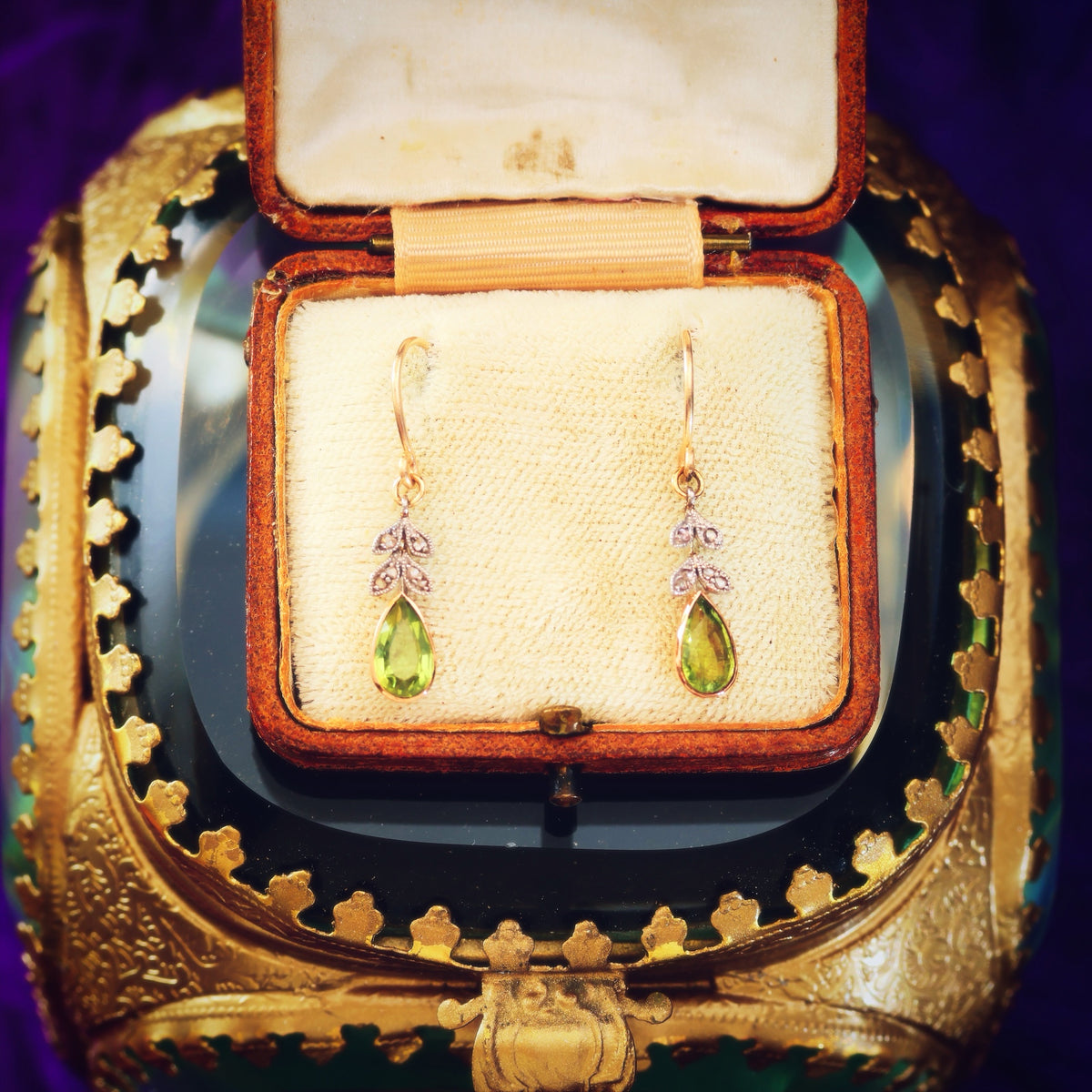Antique Edwardian Peridot & Diamond Drop Earrings