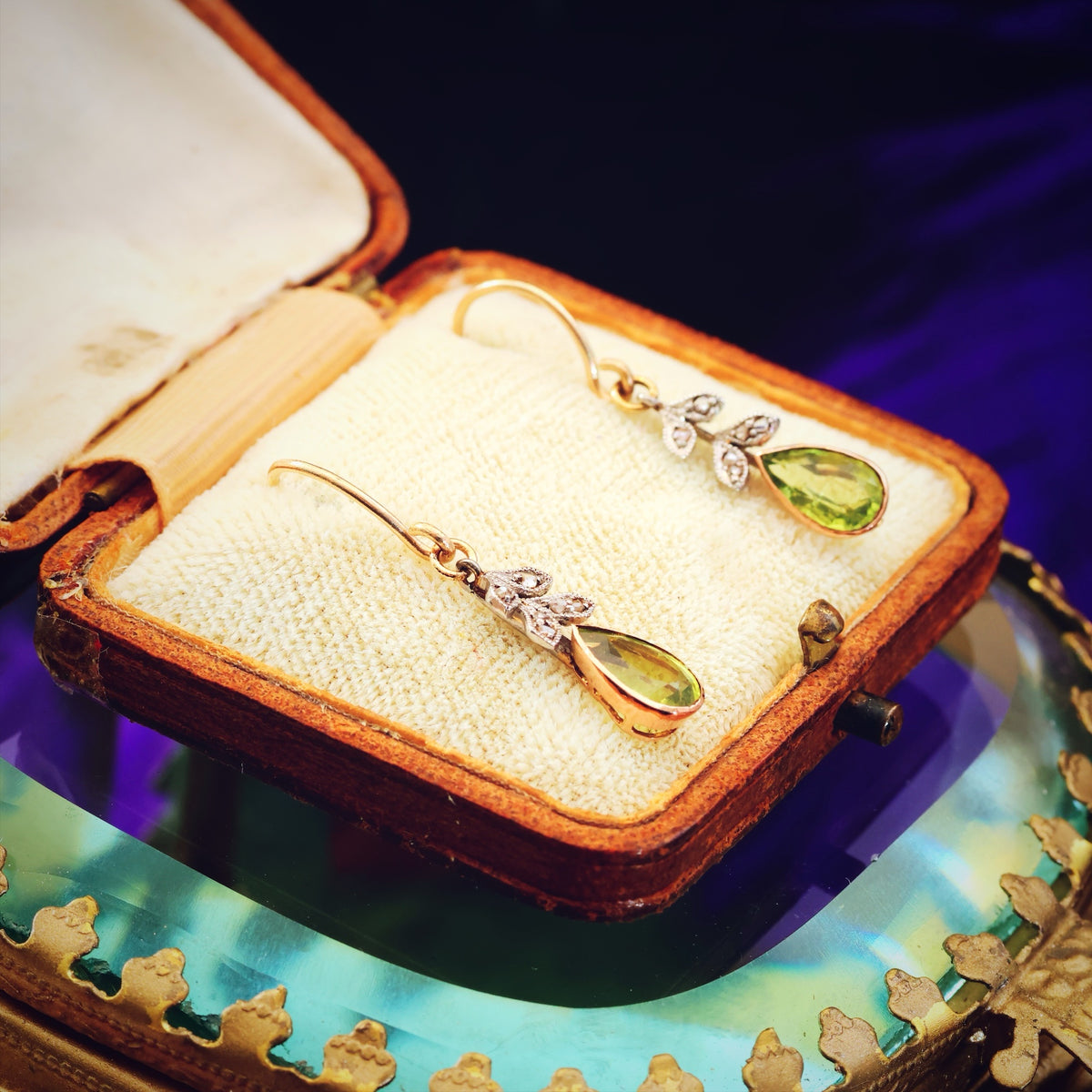 Antique Edwardian Peridot & Diamond Drop Earrings
