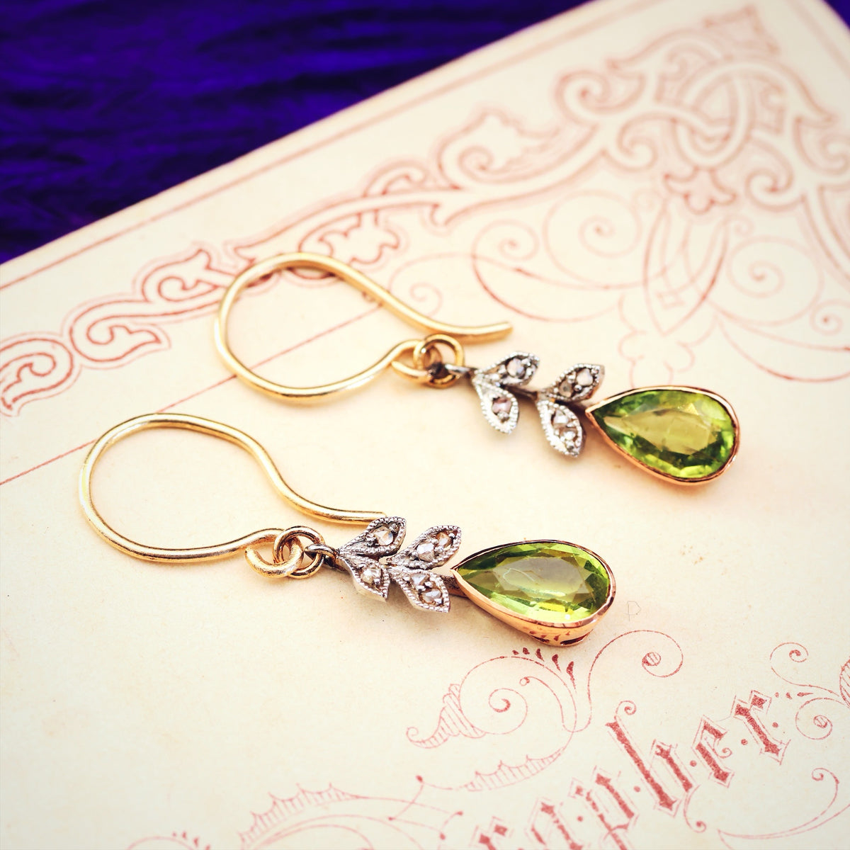 Antique Edwardian Peridot & Diamond Drop Earrings