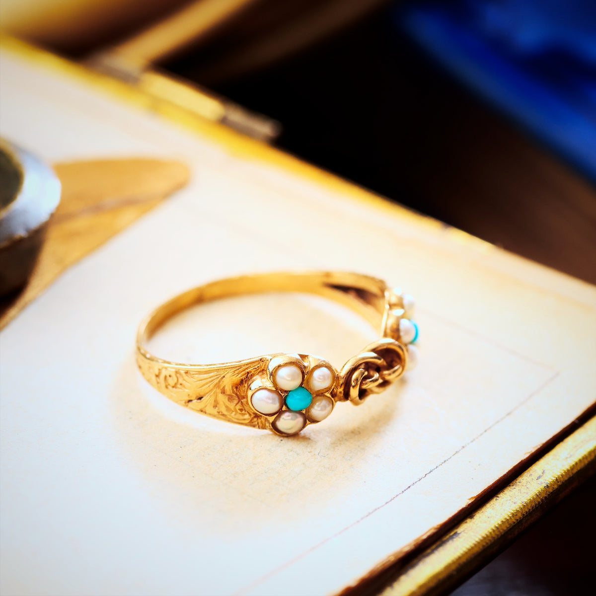 Antique Forget-me-not Turquoise & Wild Pearl Ring