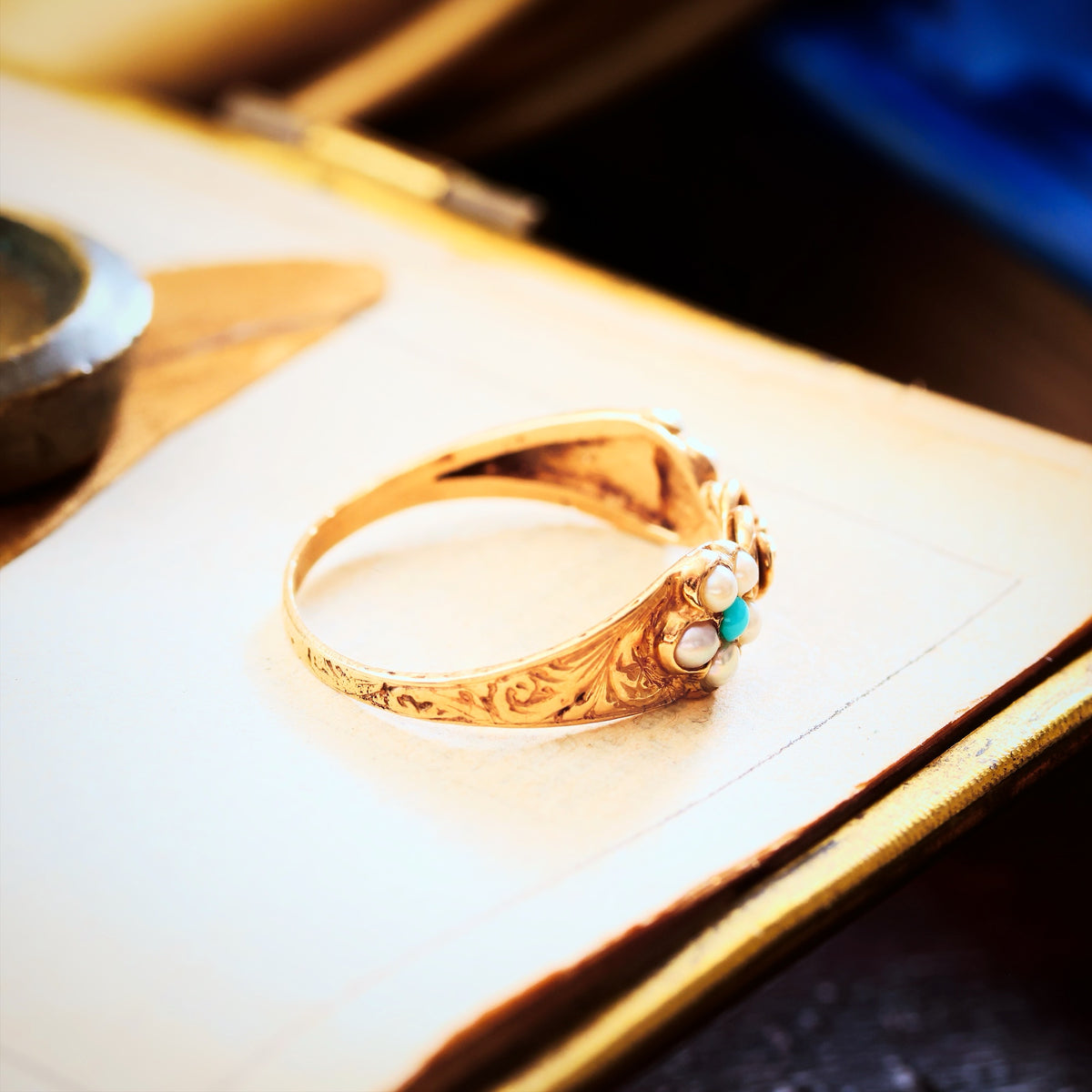 Antique Forget-me-not Turquoise & Wild Pearl Ring