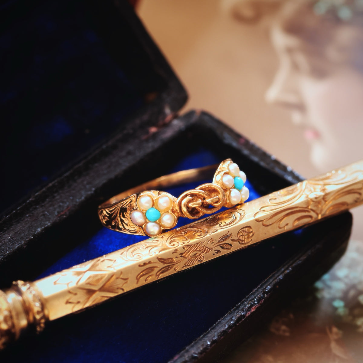Antique Forget-me-not Turquoise & Wild Pearl Ring