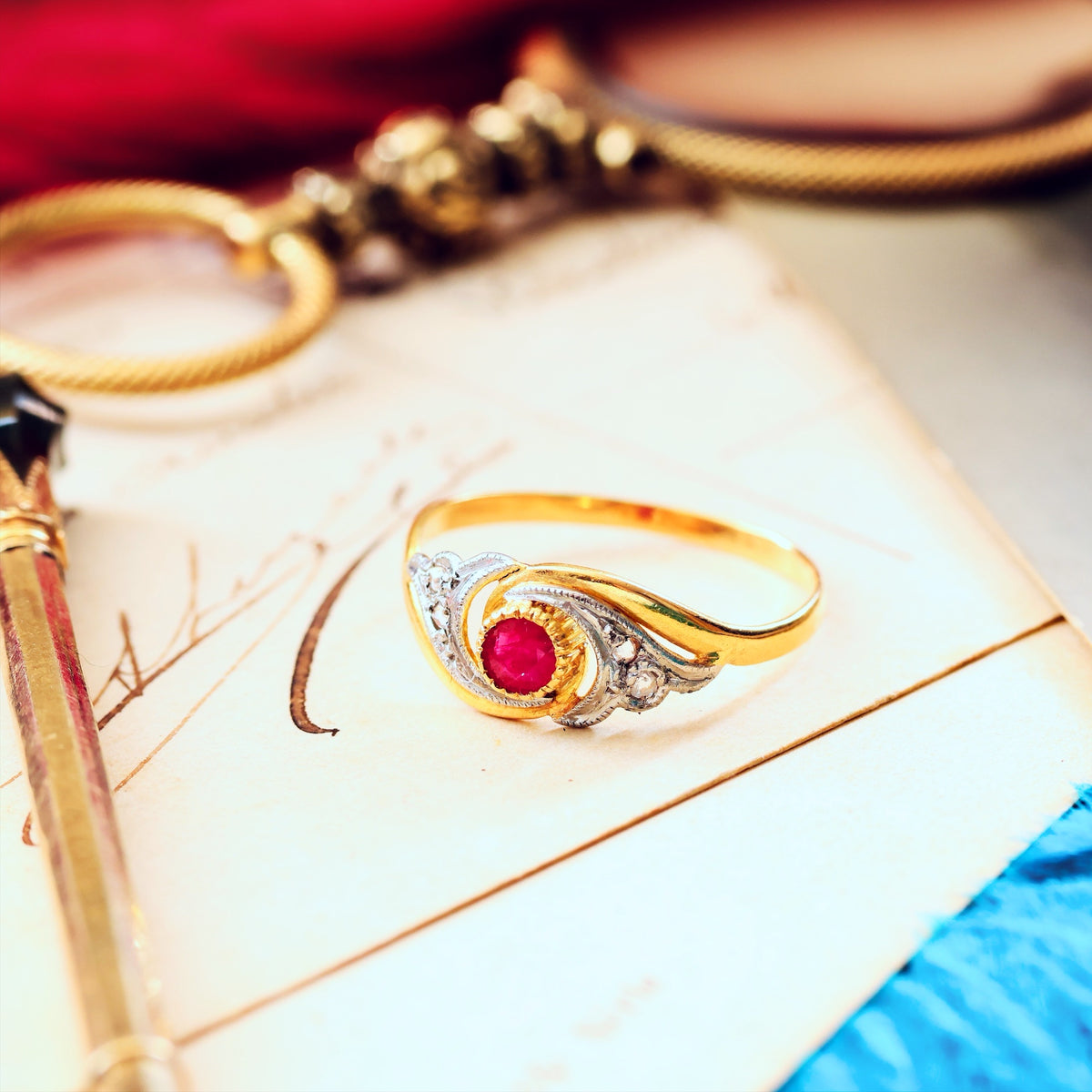 Cute French Art Nouveau Ruby & Diamond Ring