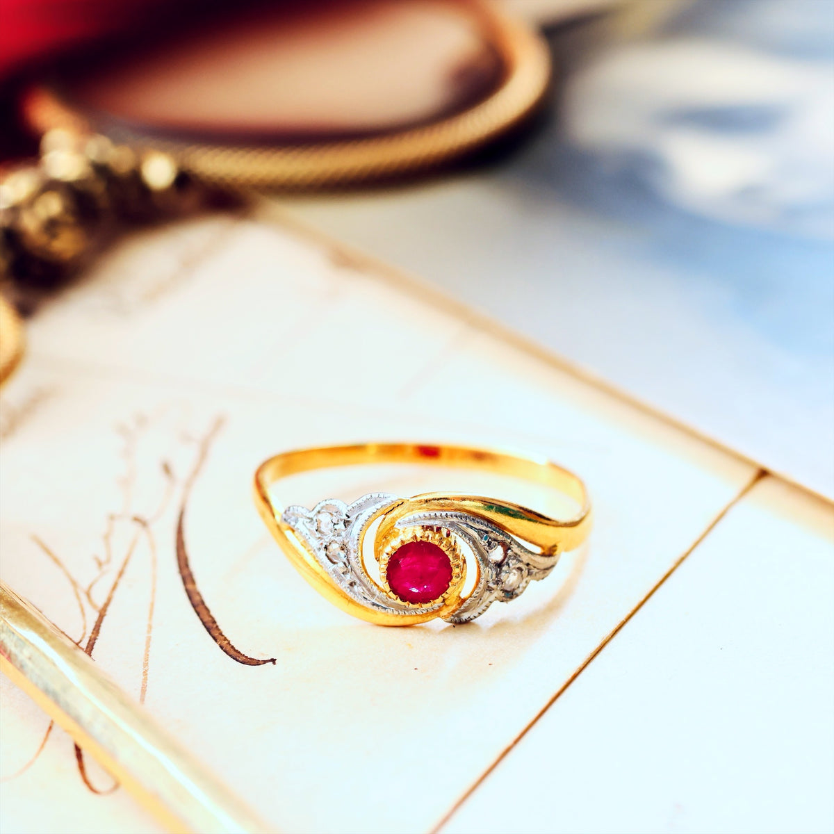 Cute French Art Nouveau Ruby & Diamond Ring