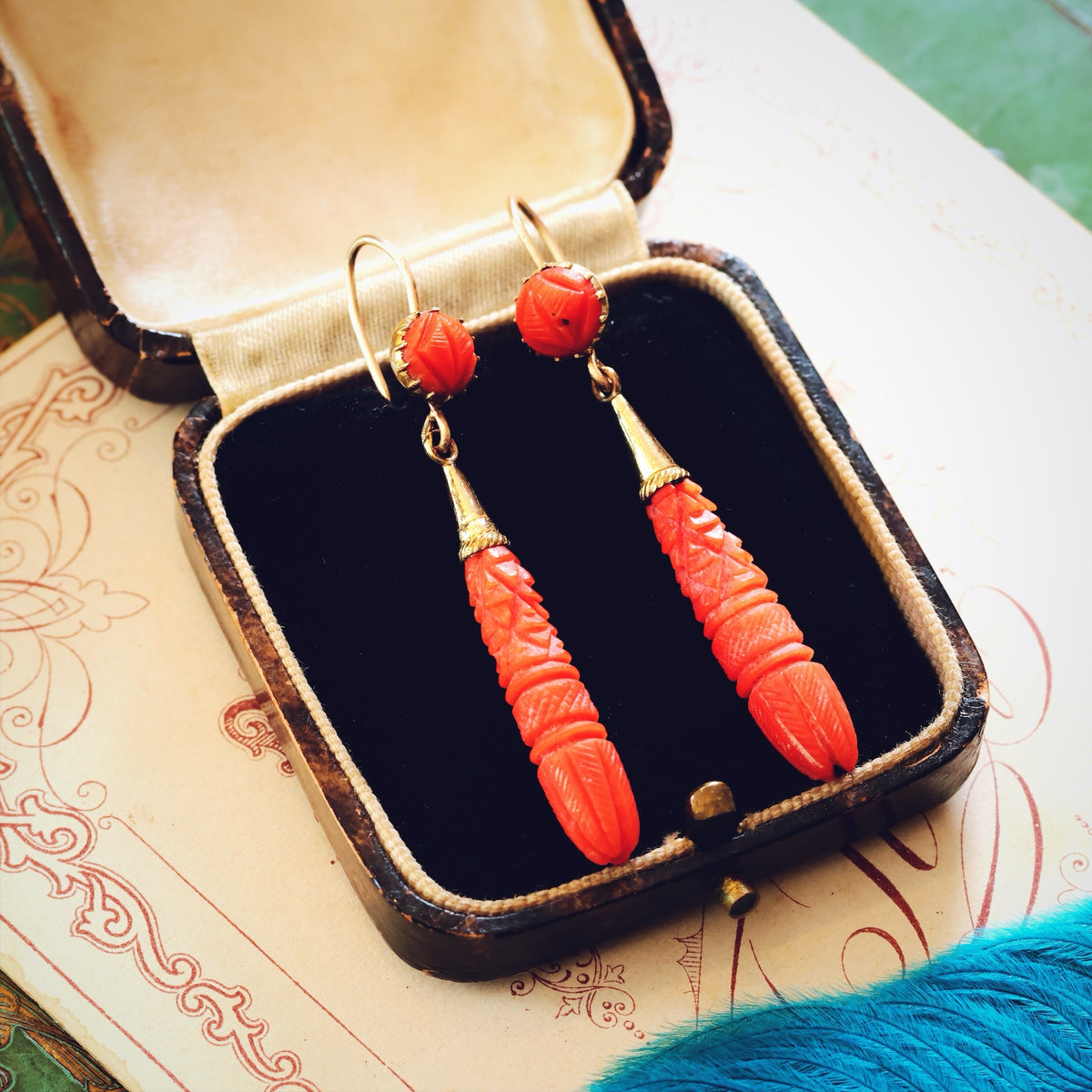 Fine Antique Georgian Hand Carved Coral Drop Earrings