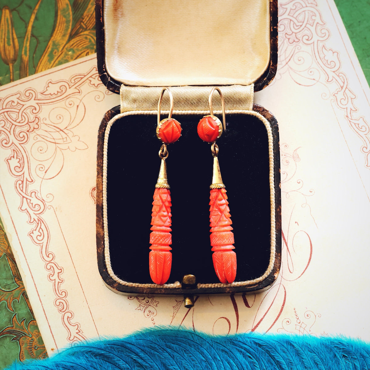 Fine Antique Georgian Hand Carved Coral Drop Earrings