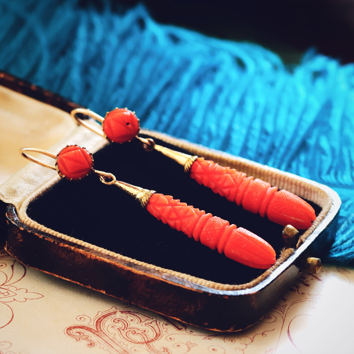 Fine Antique Georgian Hand Carved Coral Drop Earrings