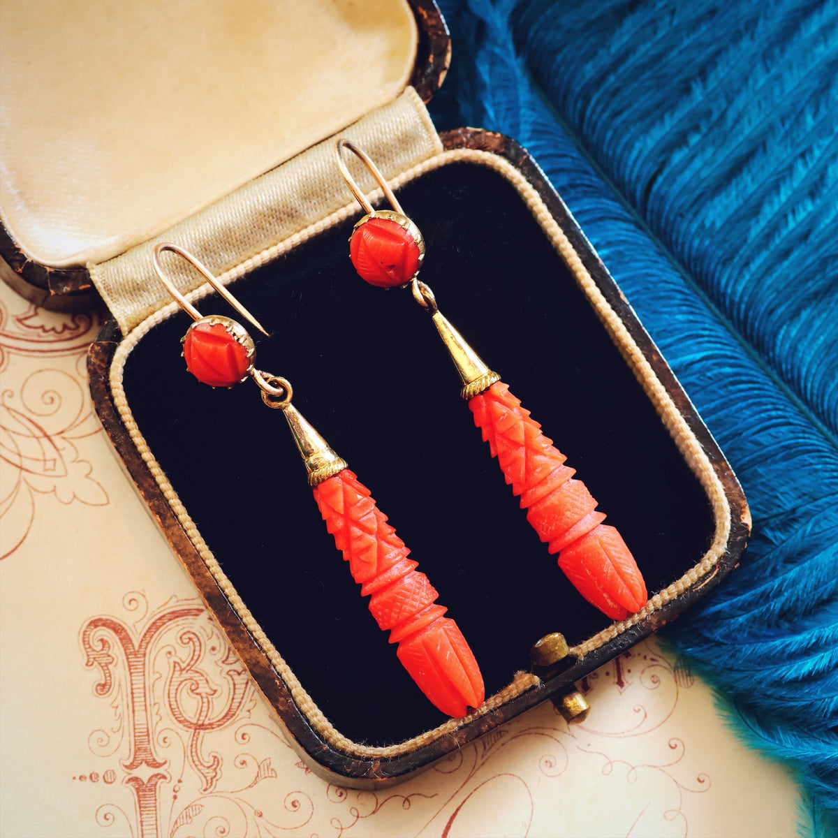 Fine Antique Georgian Hand Carved Coral Drop Earrings