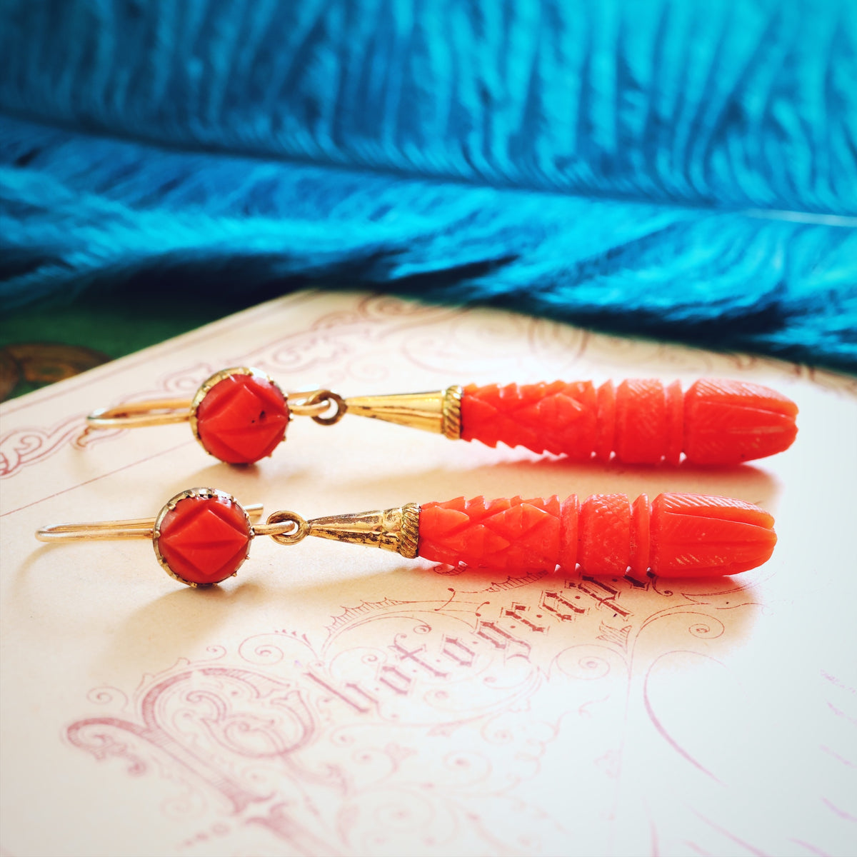 Fine Antique Georgian Hand Carved Coral Drop Earrings