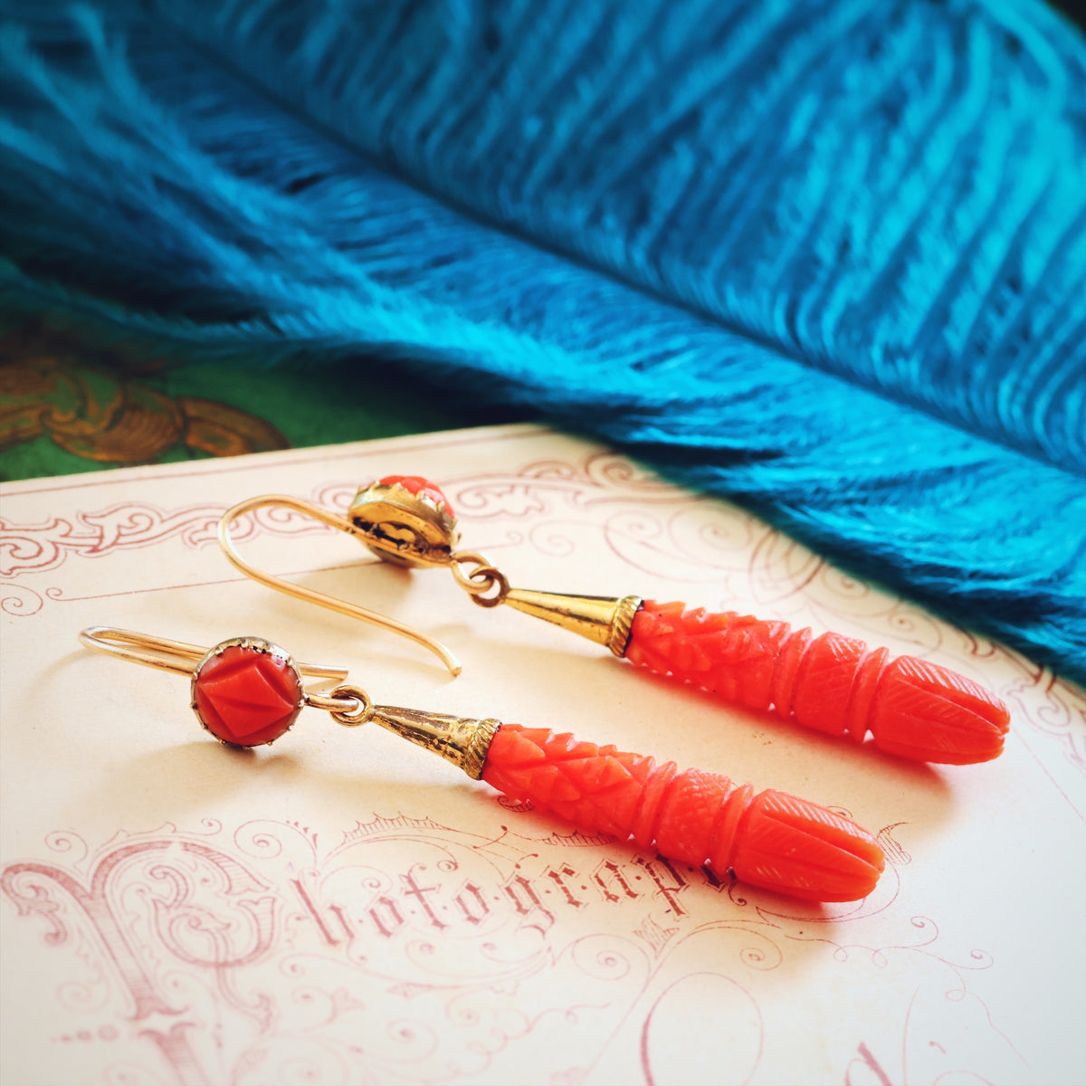 Fine Antique Georgian Hand Carved Coral Drop Earrings