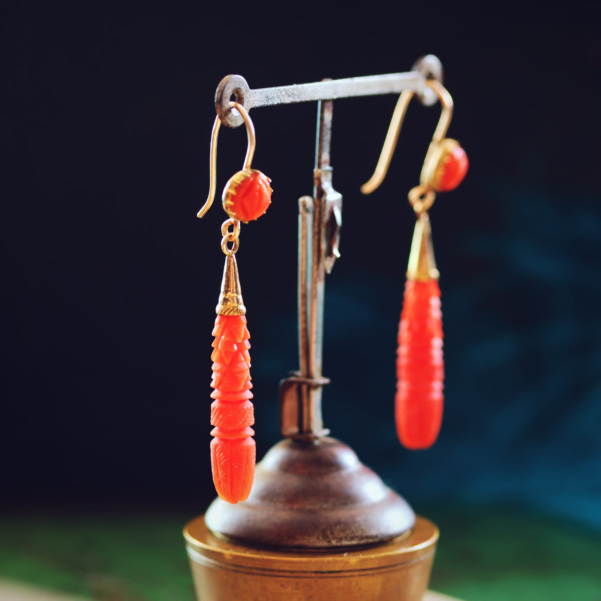 Fine Antique Georgian Hand Carved Coral Drop Earrings