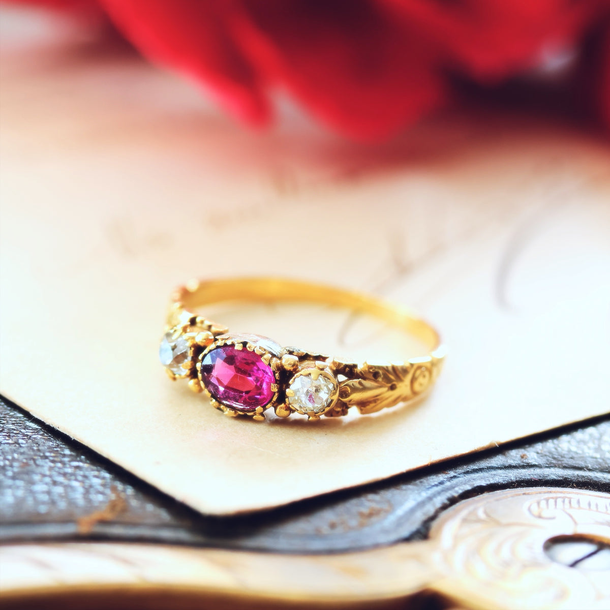 Antique Georgian Pink Tourmaline & Diamond Gem Ring