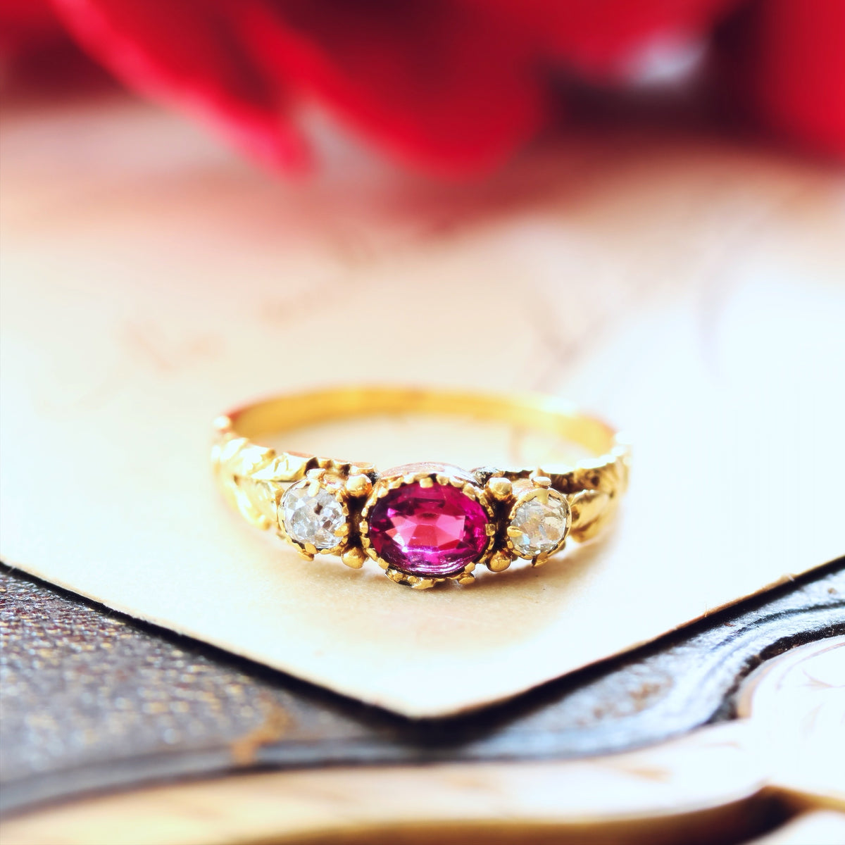 Antique Georgian Pink Tourmaline & Diamond Gem Ring