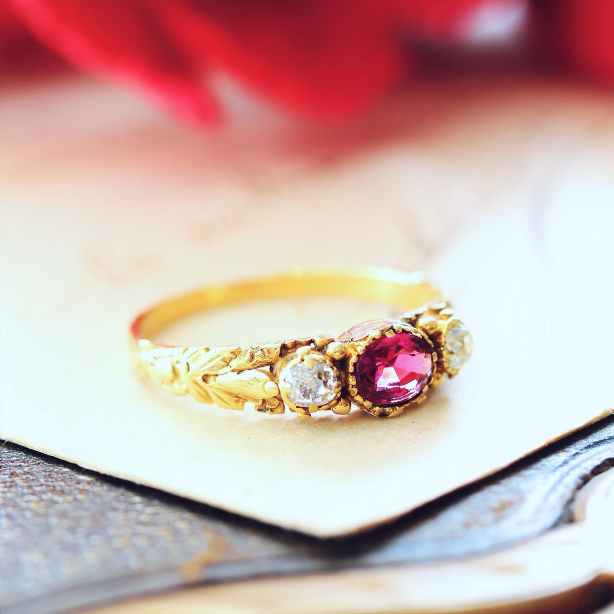 Antique Georgian Pink Tourmaline & Diamond Gem Ring