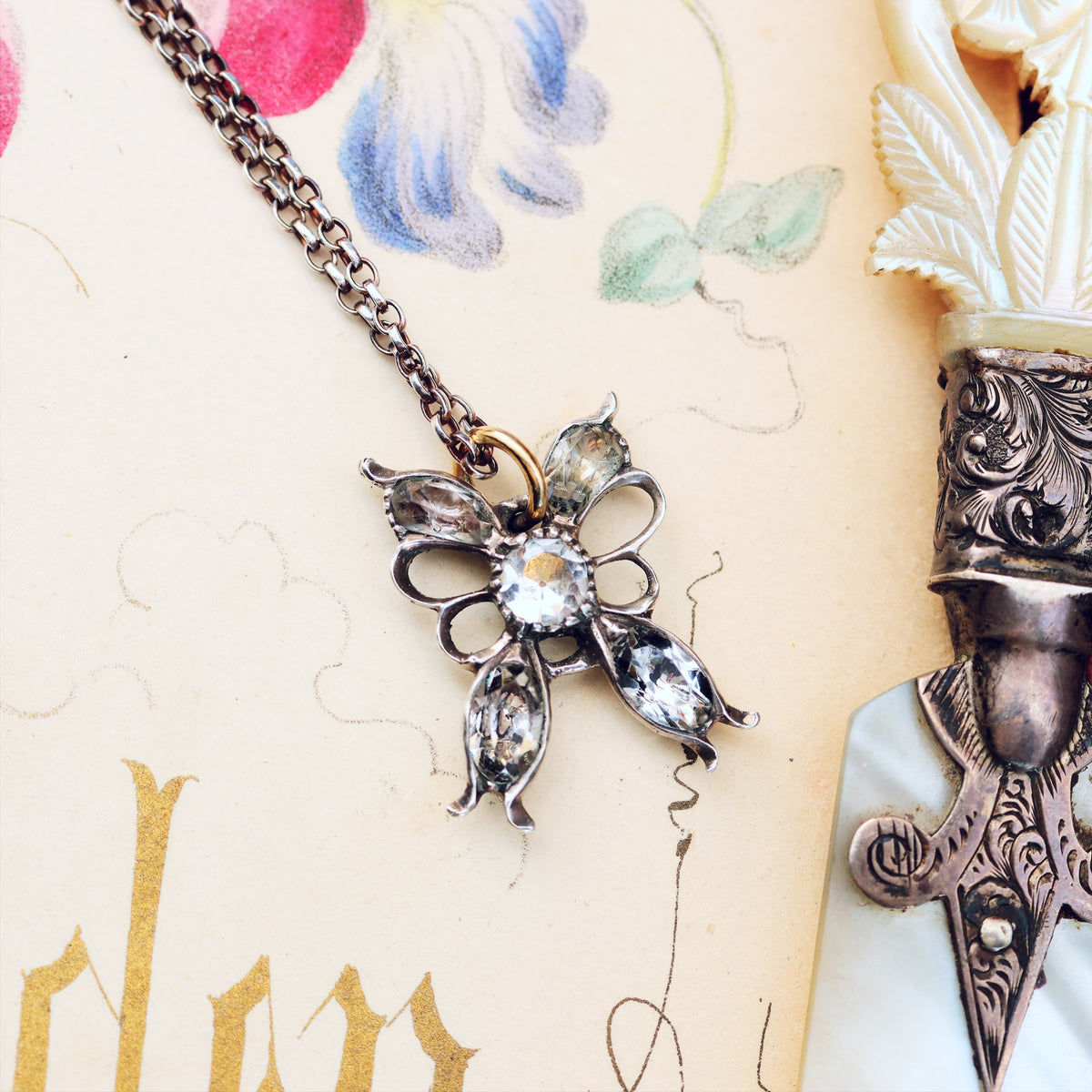 Georgian Portuguese Rock Crystal Butterfly Pendant