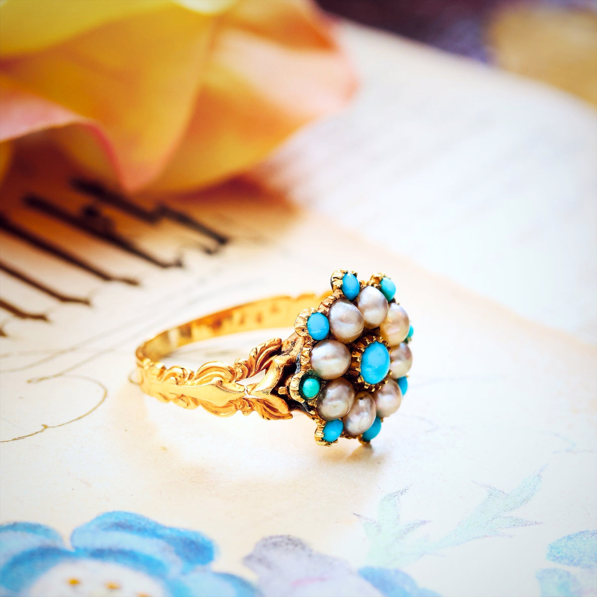 Exquisite Antique Georgian Turquoise & Pearl Ring