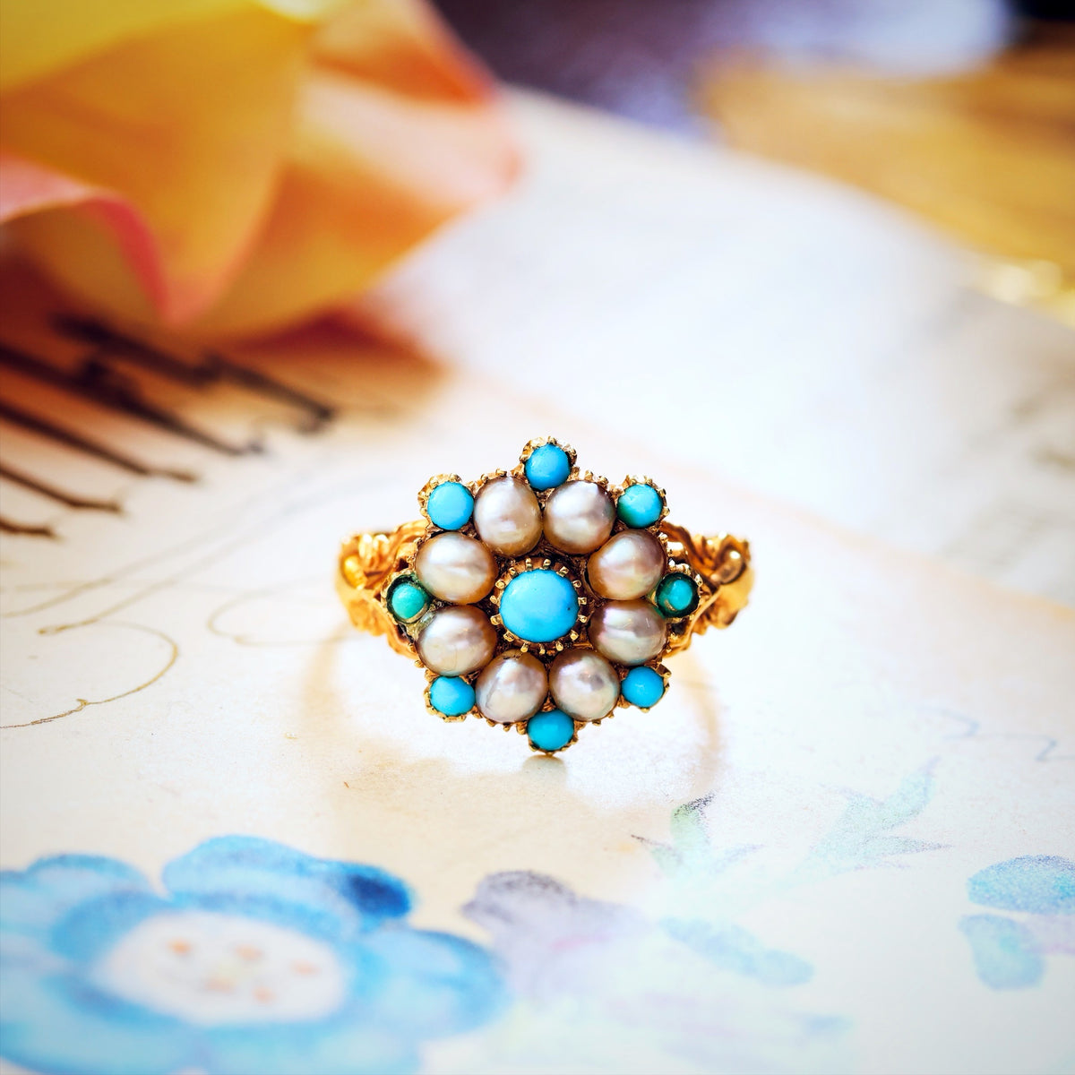 Exquisite Antique Georgian Turquoise & Pearl Ring