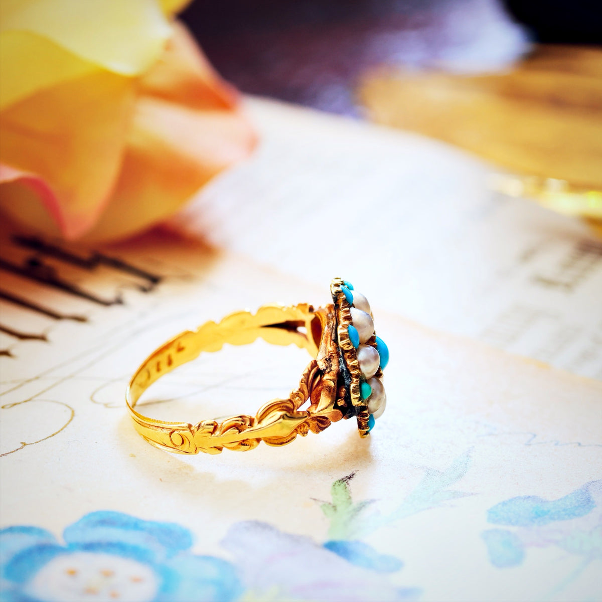 Exquisite Antique Georgian Turquoise & Pearl Ring