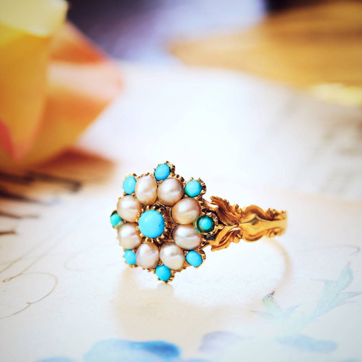 Exquisite Antique Georgian Turquoise & Pearl Ring