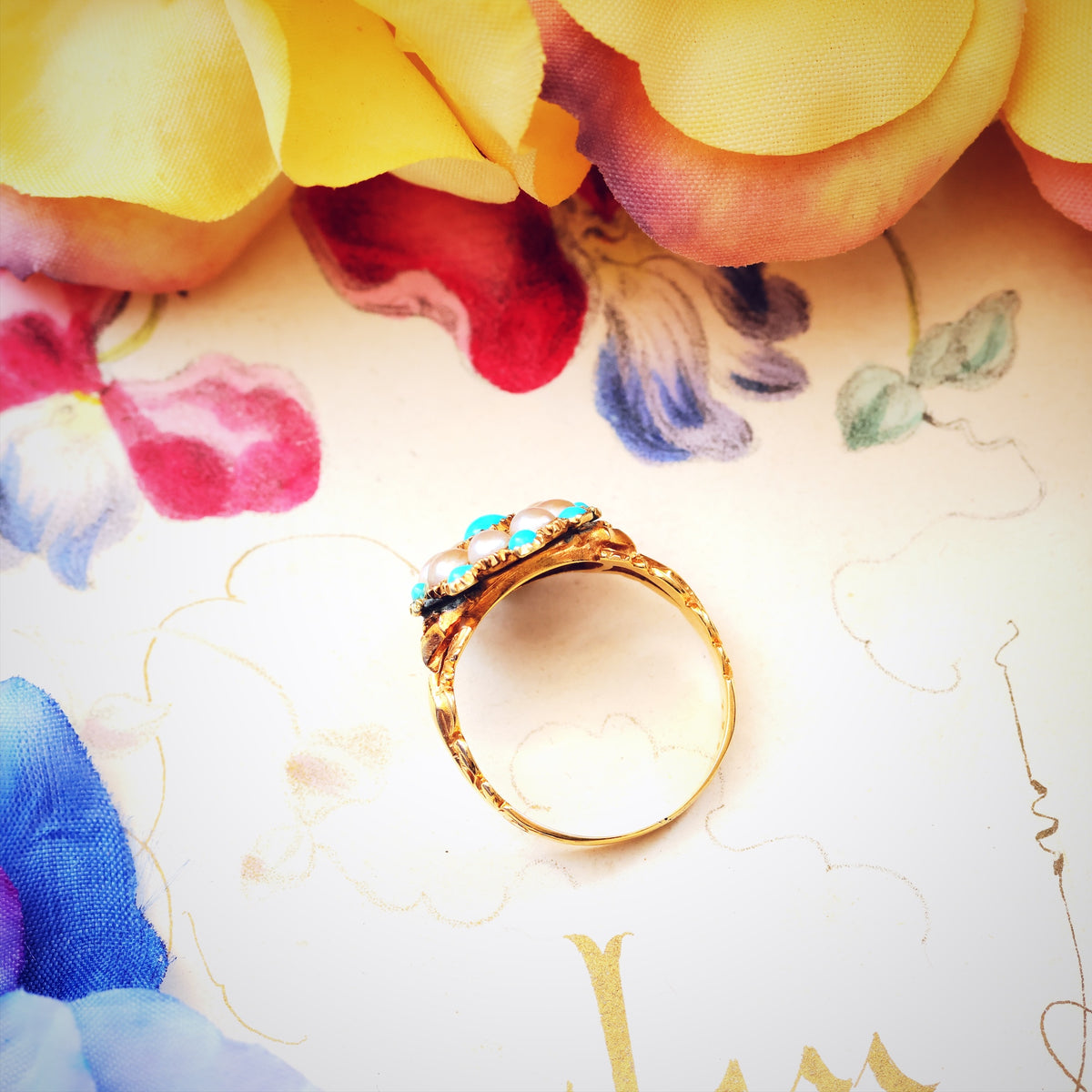 Exquisite Antique Georgian Turquoise & Pearl Ring