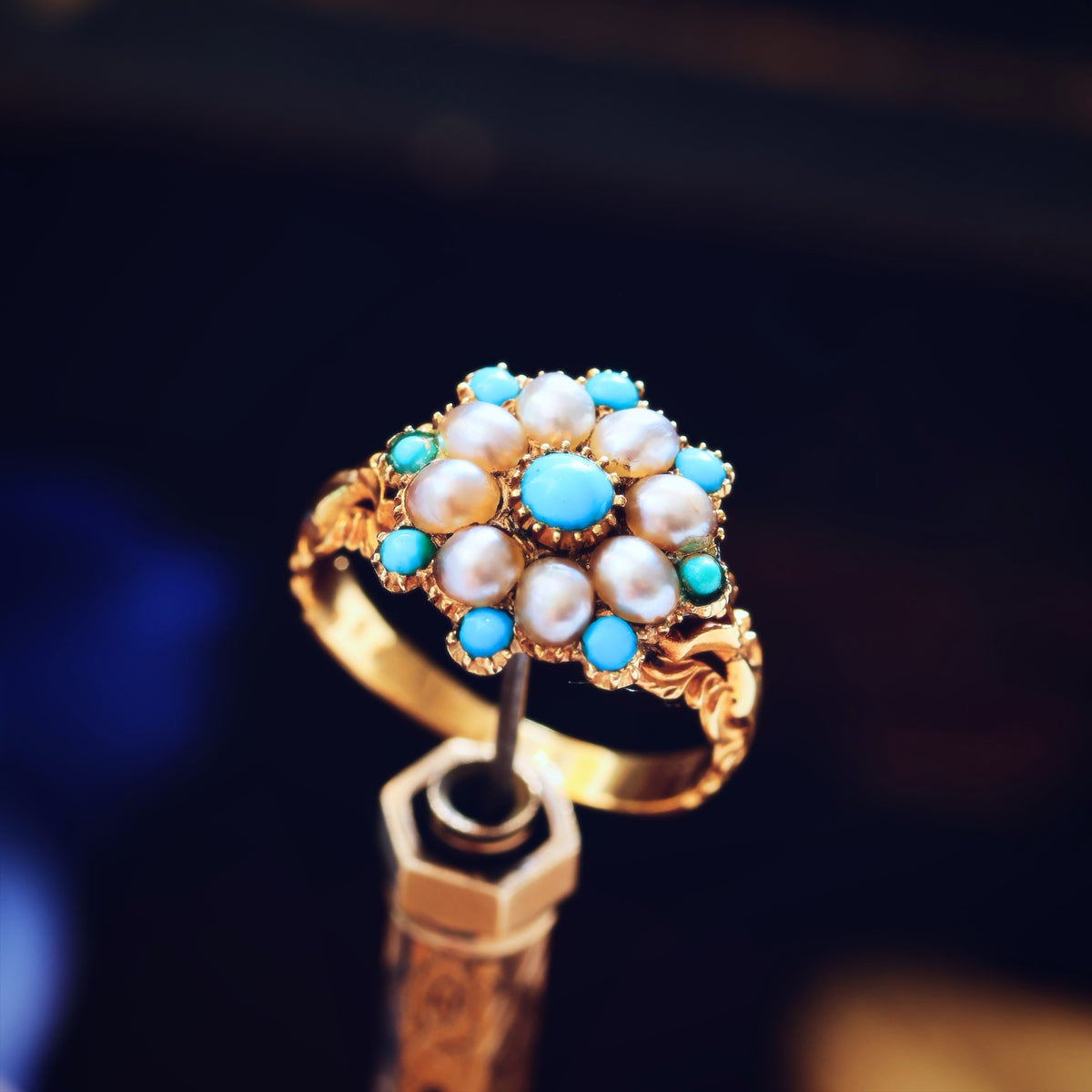 Exquisite Antique Georgian Turquoise & Pearl Ring