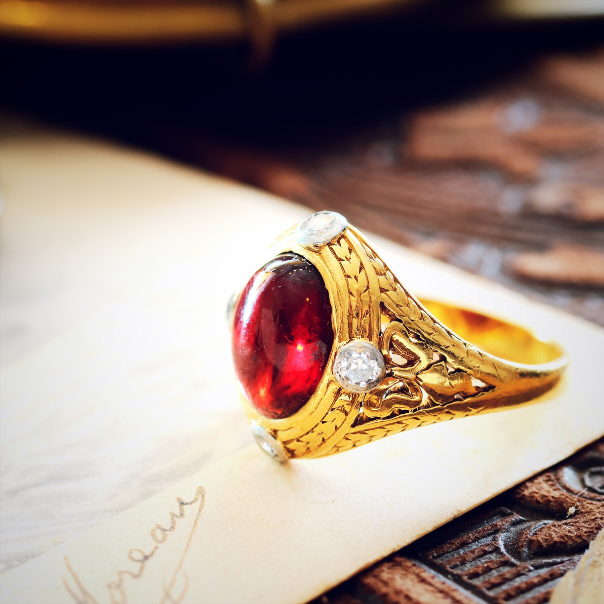 Antique Gothic Arts & Crafts Garnet & Diamond Ring
