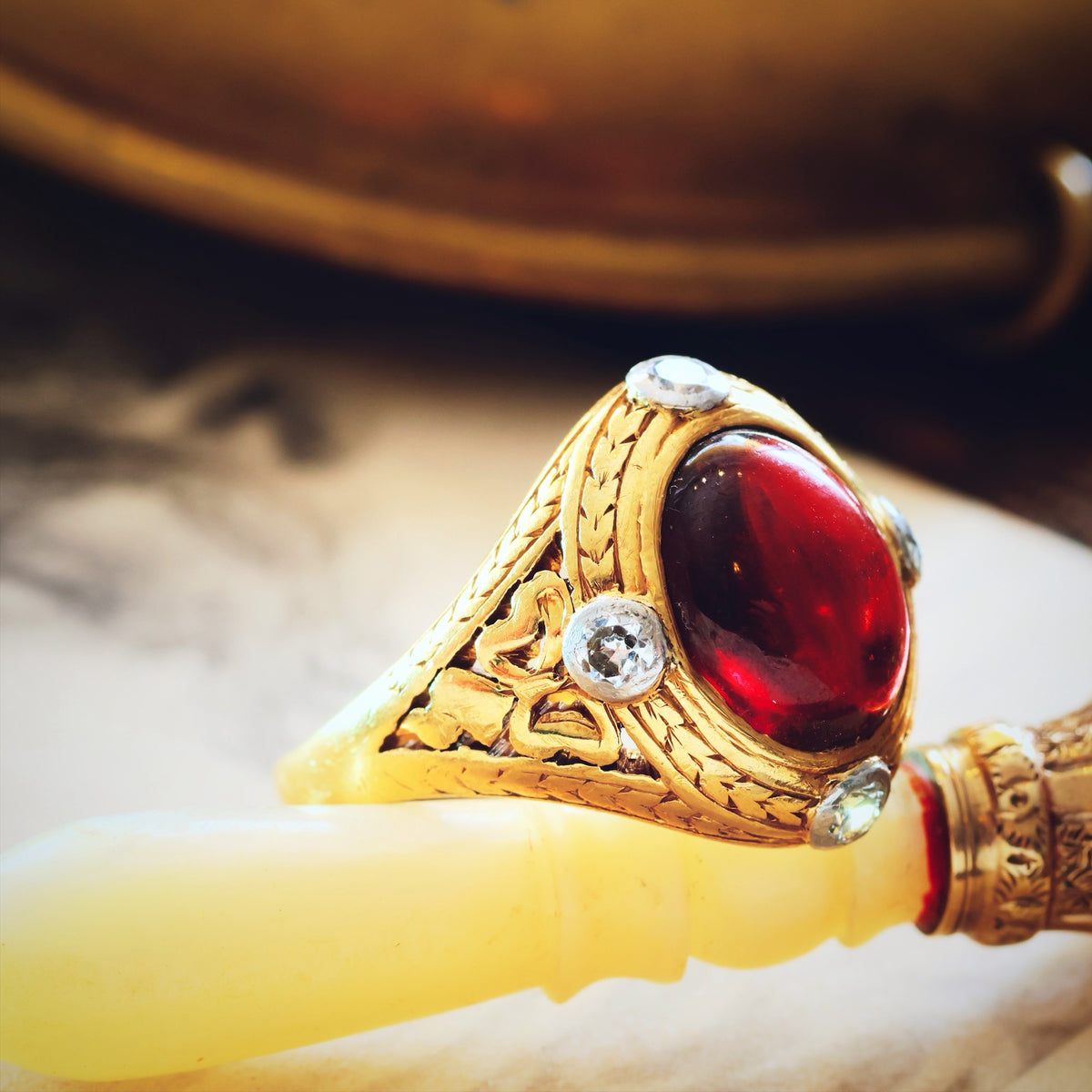 Antique Arts & Crafts Garnet & Diamond Ring