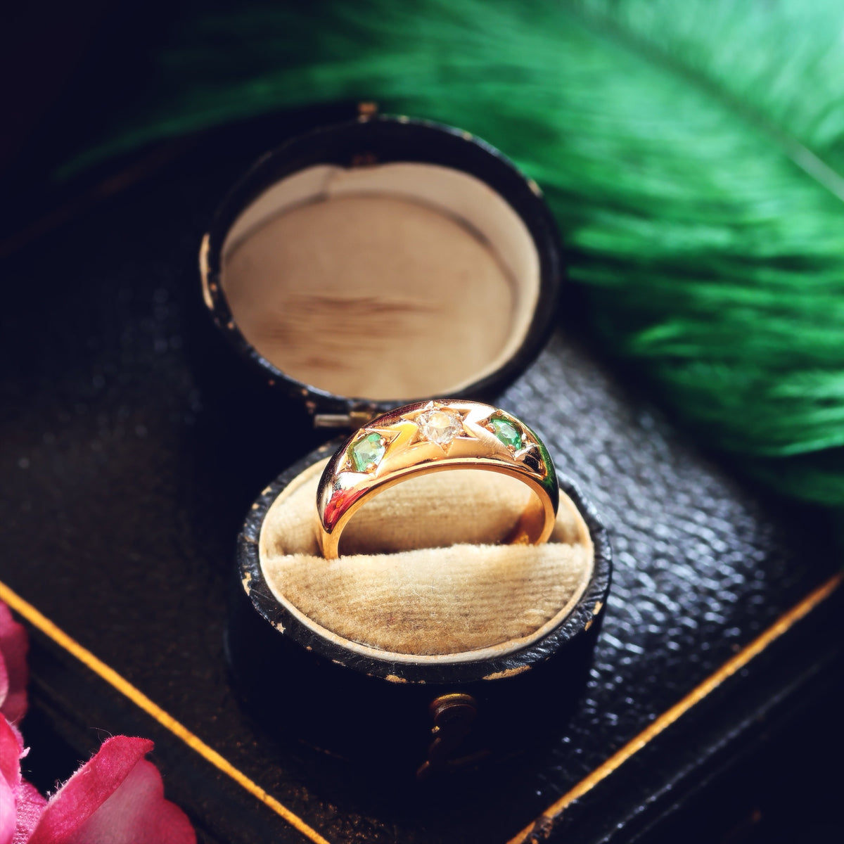 Antique Gypsy Set Emerald & Diamond Band Ring