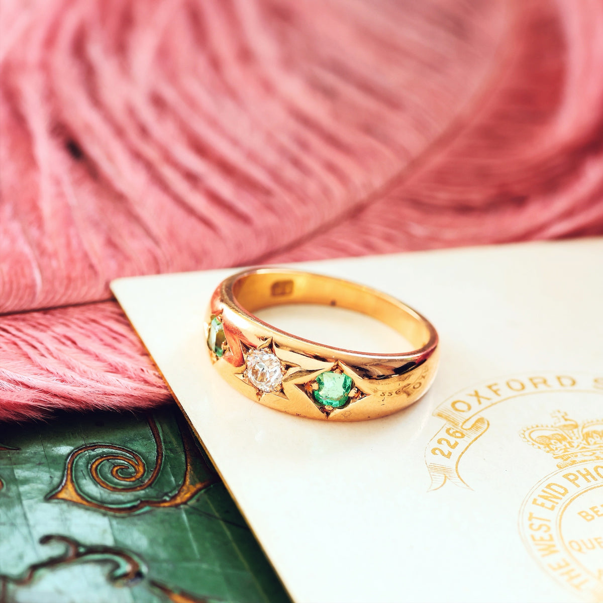 Antique Gypsy Set Emerald & Diamond Band Ring