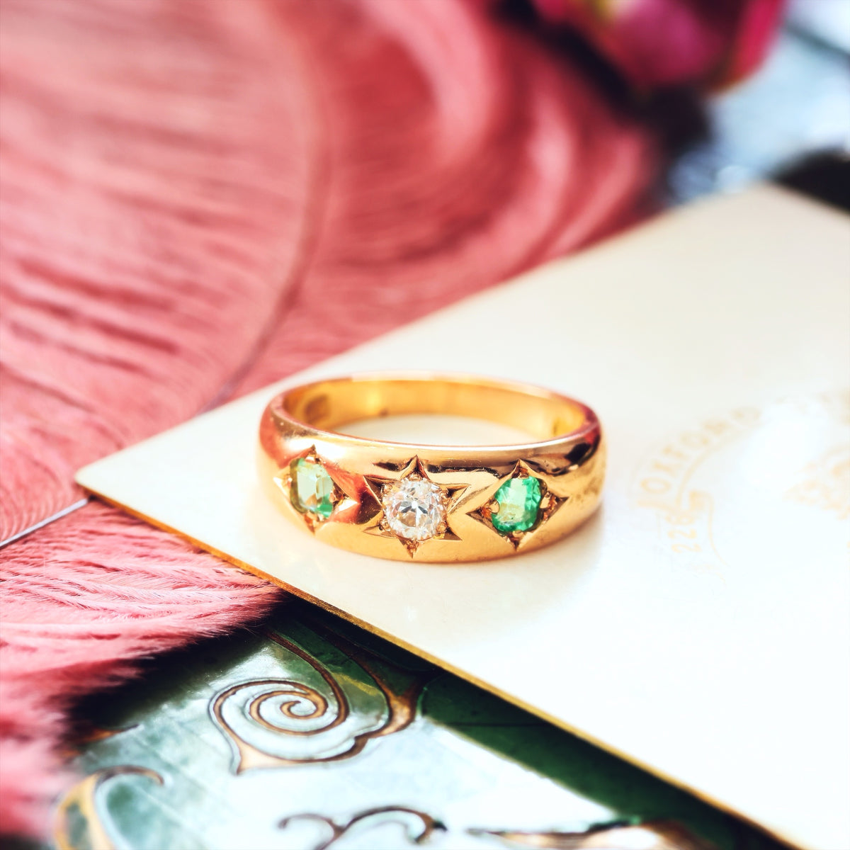 Antique Gypsy Set Emerald & Diamond Band Ring
