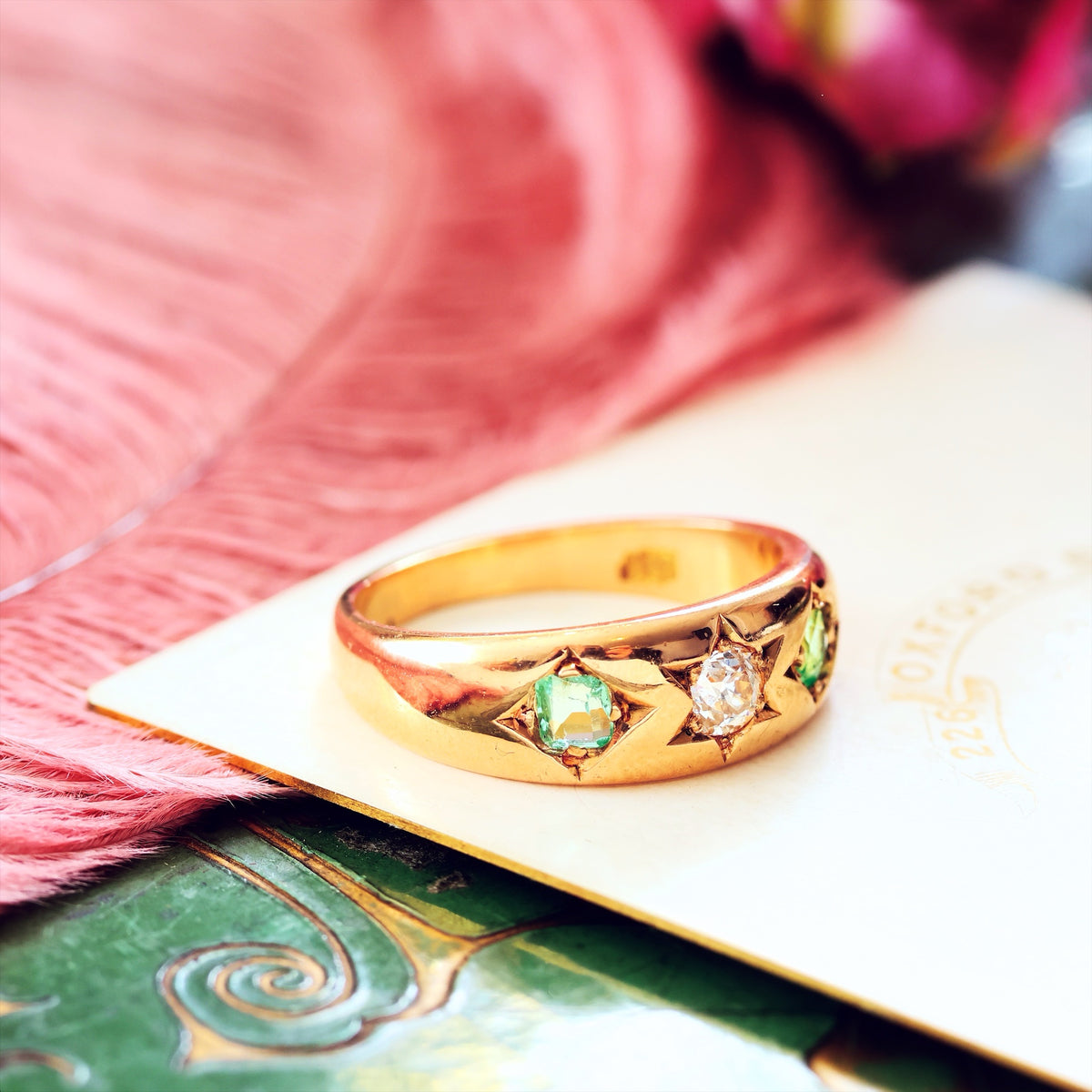 Antique Gypsy Set Emerald & Diamond Band Ring