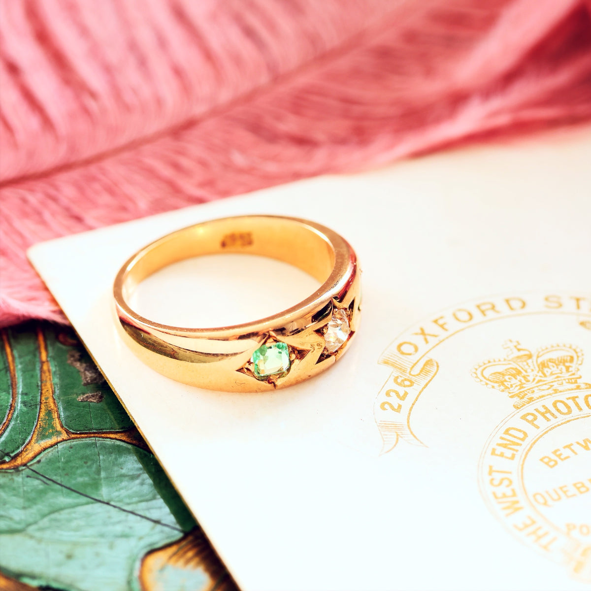 Antique Gypsy Set Emerald & Diamond Band Ring