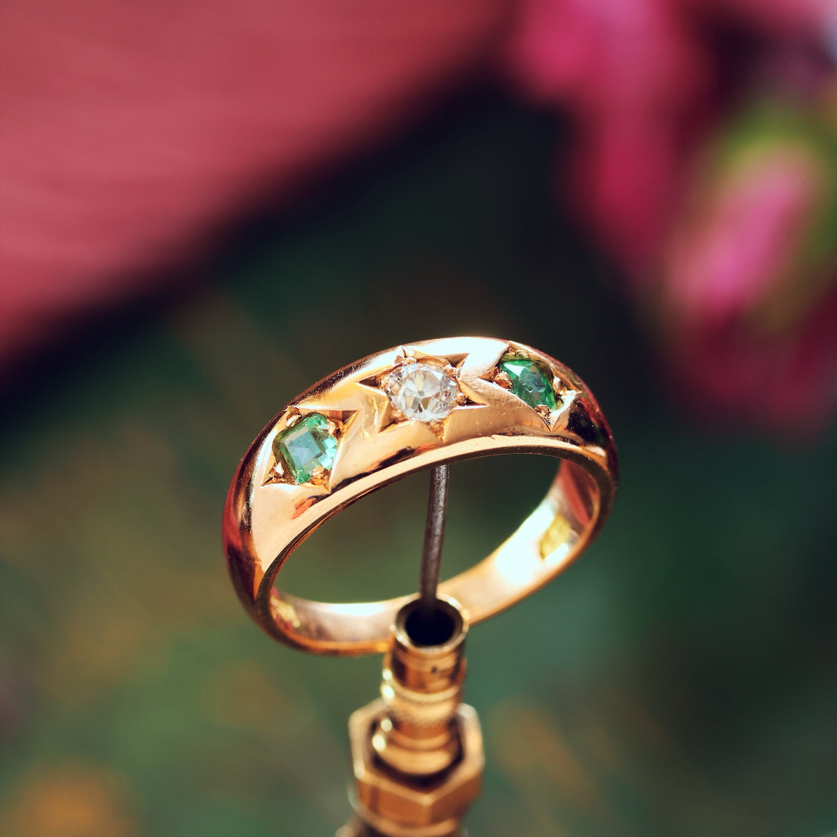 Antique Gypsy Set Emerald & Diamond Band Ring
