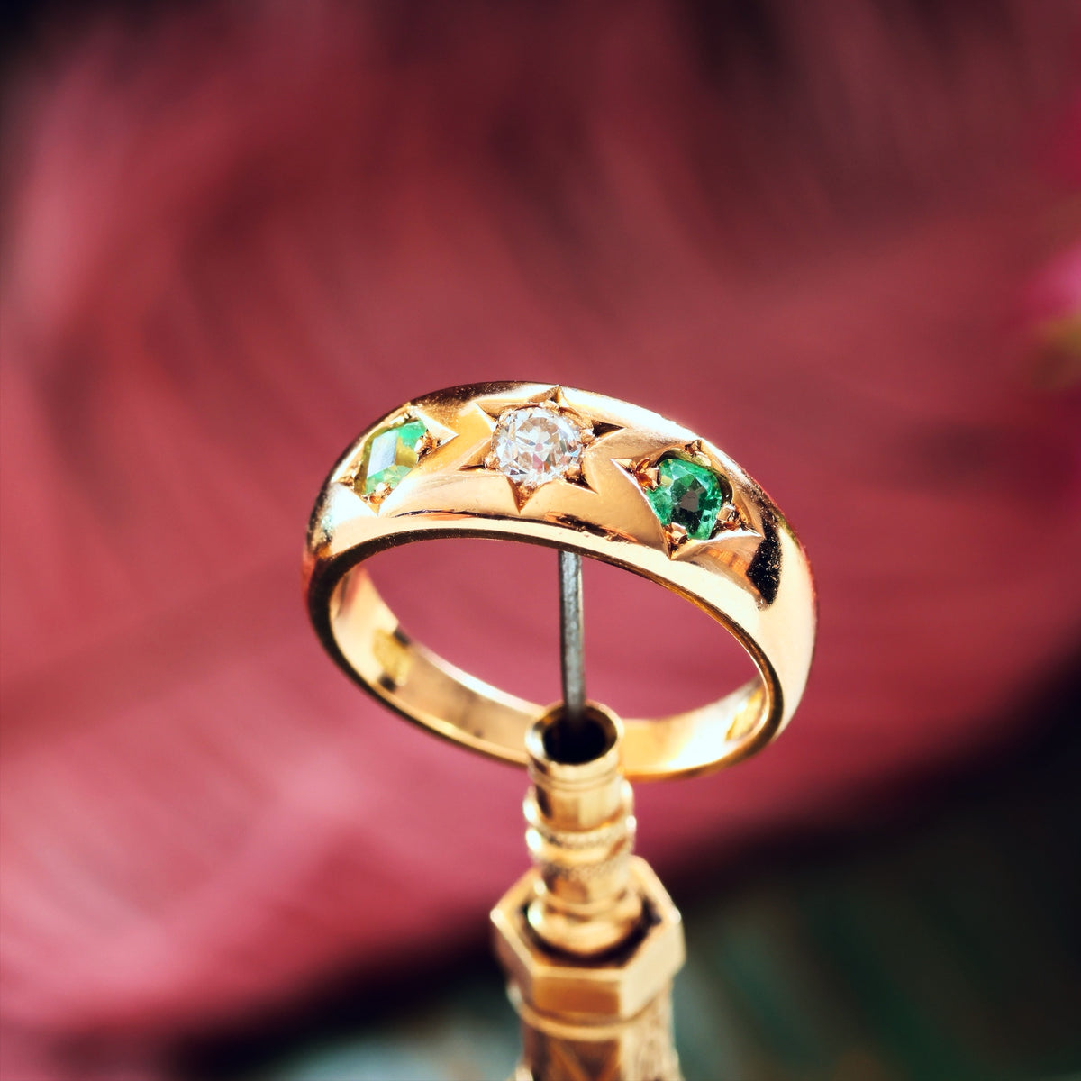 Antique Gypsy Set Emerald & Diamond Band Ring