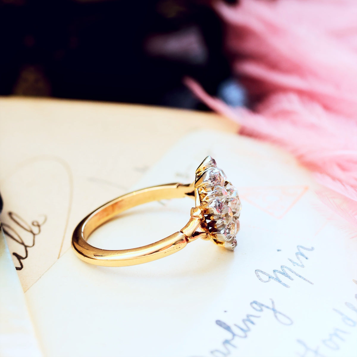Unique Hand Crafted Antique Diamond Rosette Ring