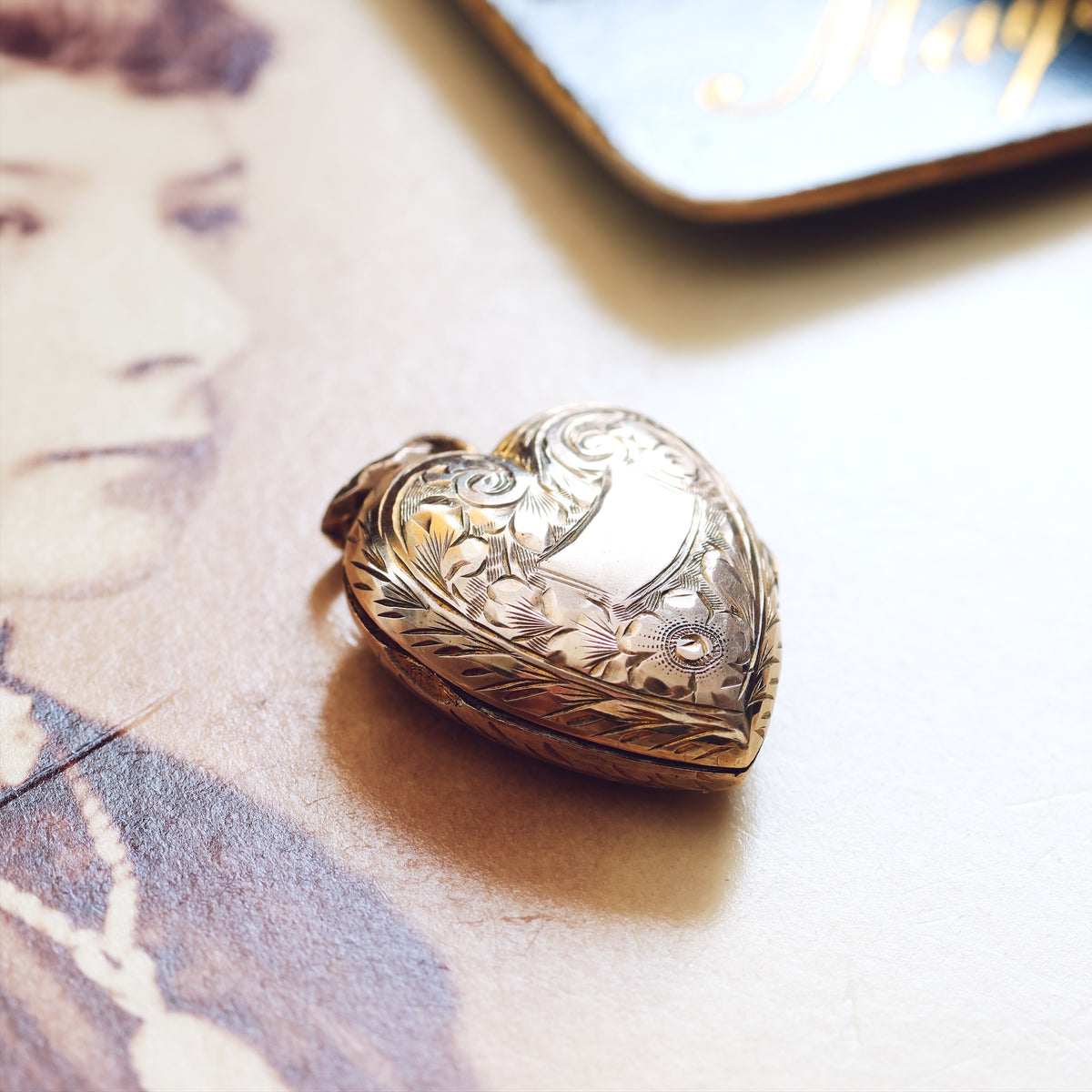 Antique Hand Engraved Heart Shaped Gold Locket