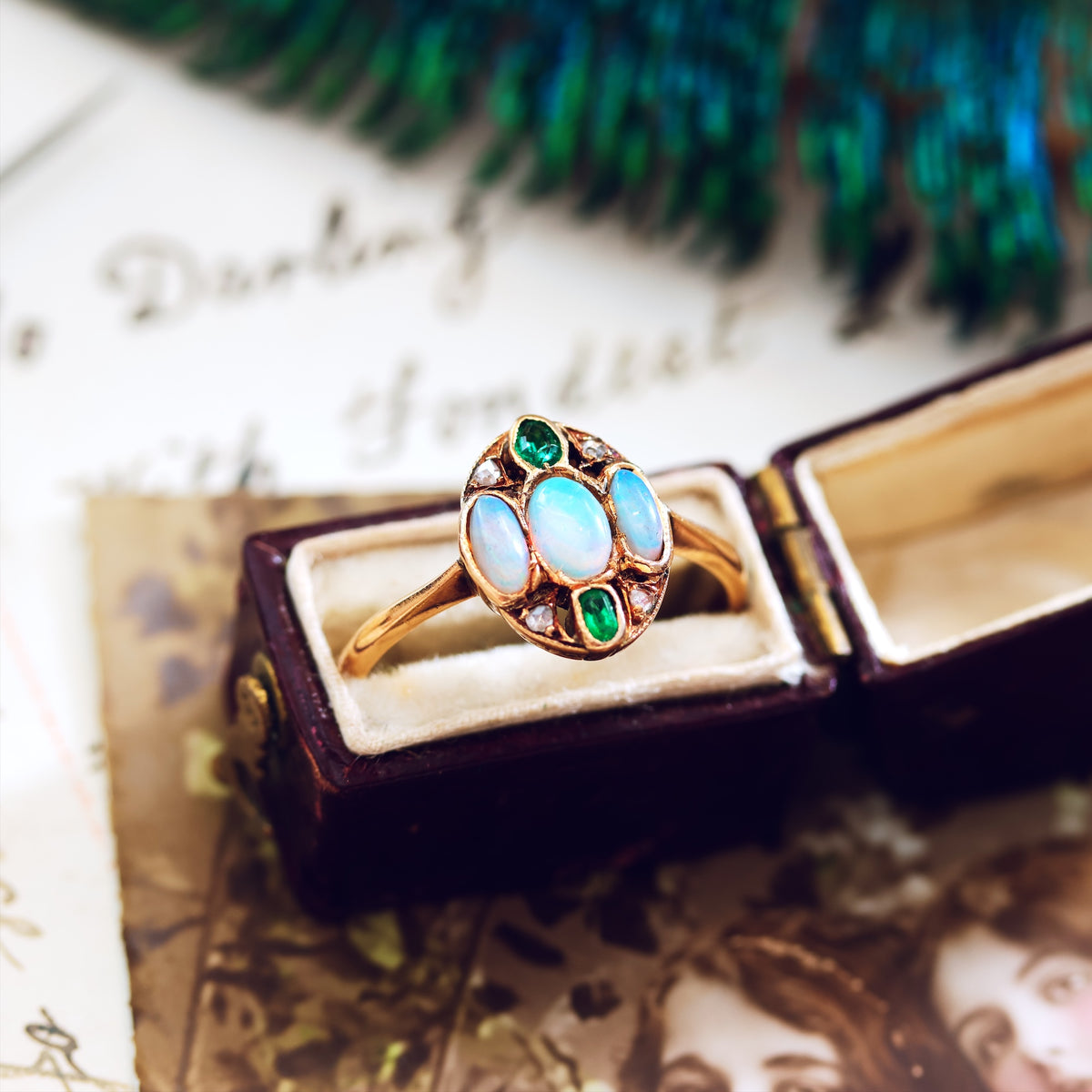 Antique Hand Made Opal, Emerald & Diamond Ring