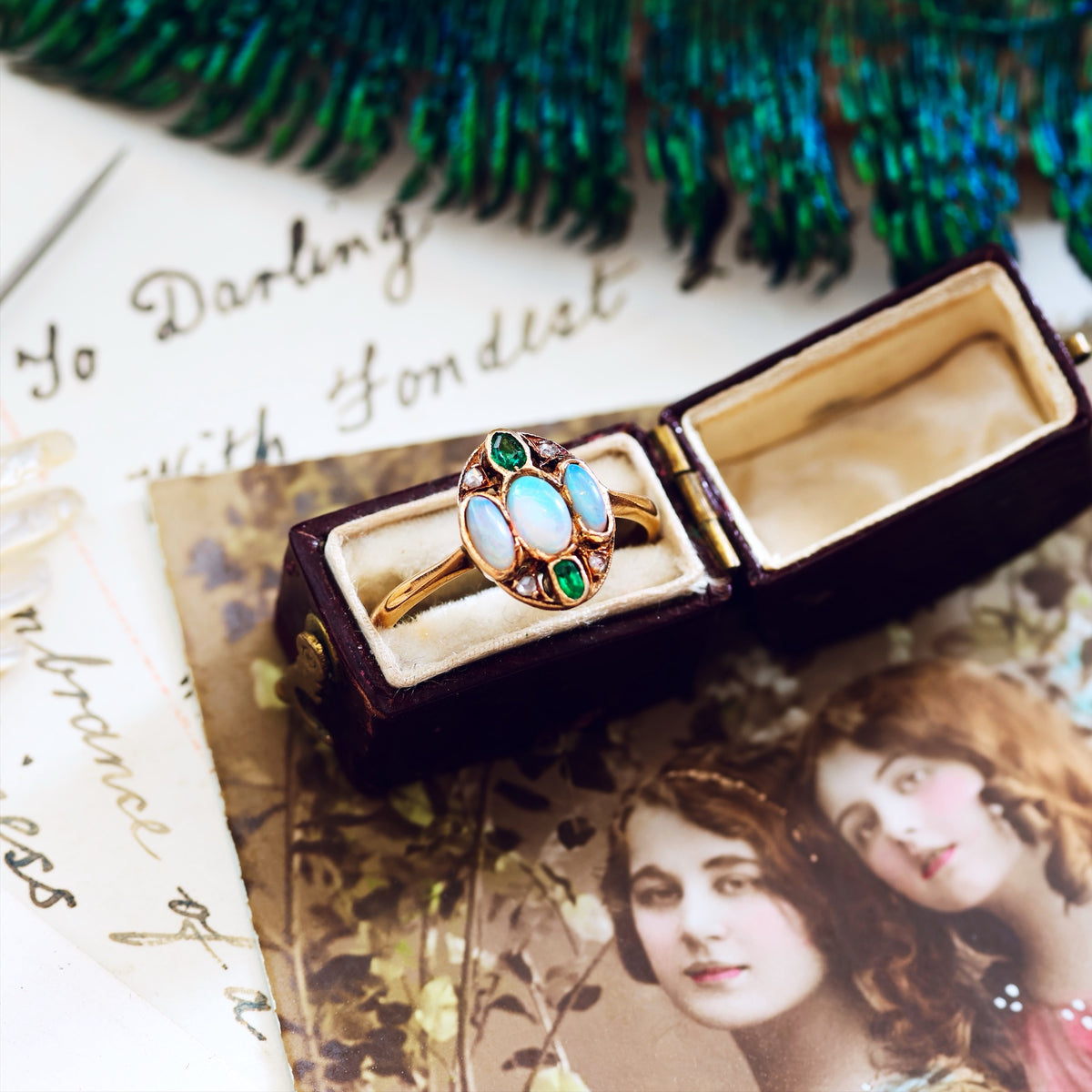 Antique Hand Made Opal, Emerald & Diamond Ring