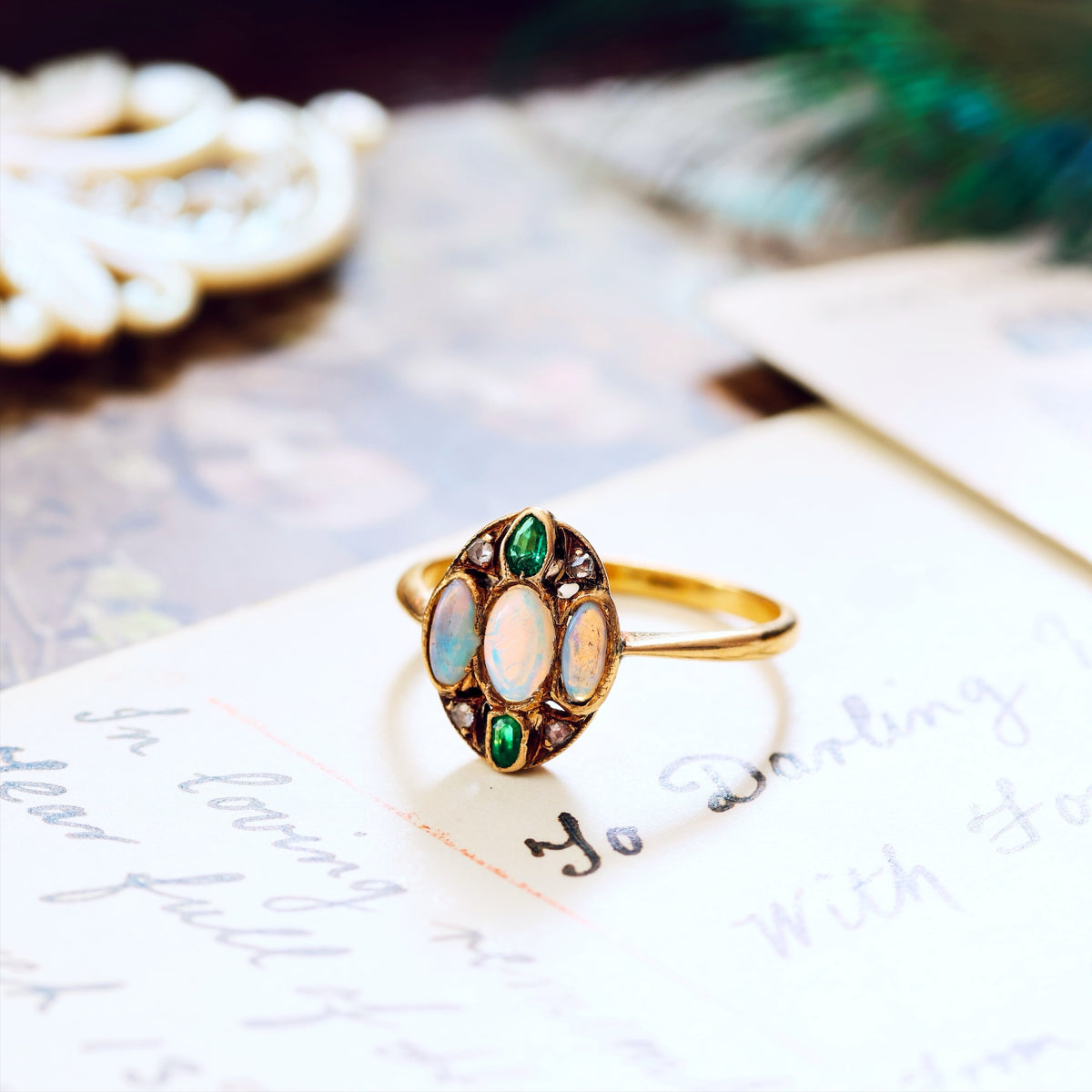 Antique Hand Made Opal, Emerald & Diamond Ring