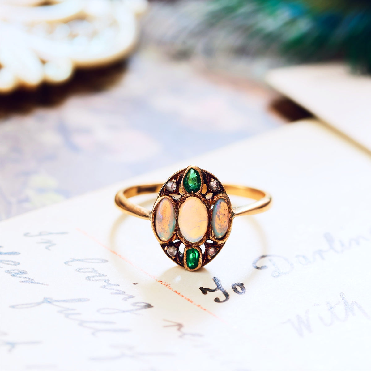 Antique Hand Made Opal, Emerald & Diamond Ring