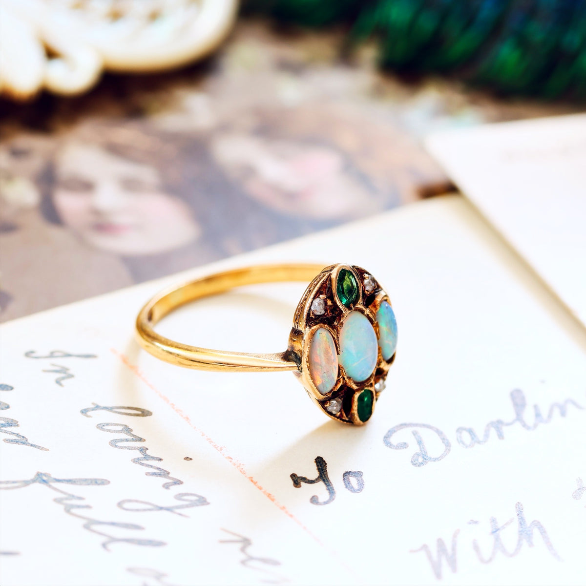 Antique Hand Made Opal, Emerald & Diamond Ring
