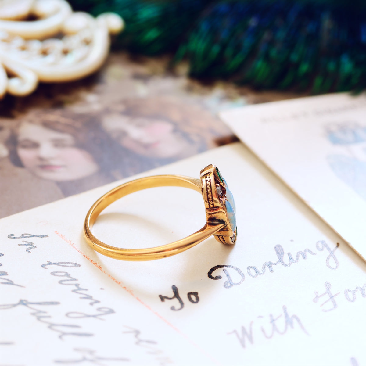 Antique Hand Made Opal, Emerald & Diamond Ring