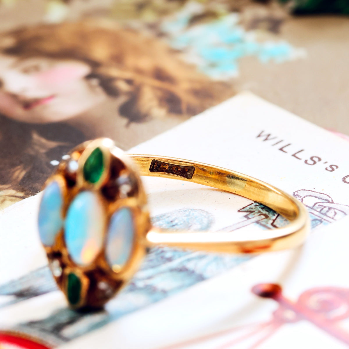 Antique Hand Made Opal, Emerald & Diamond Ring