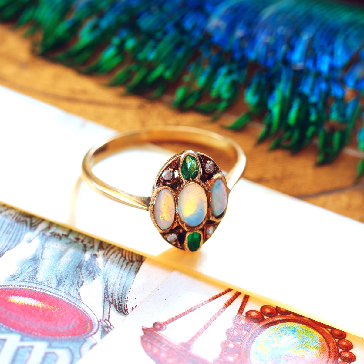 Antique Hand Made Opal, Emerald & Diamond Ring