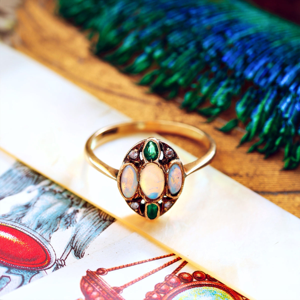 Antique Hand Made Opal, Emerald & Diamond Ring