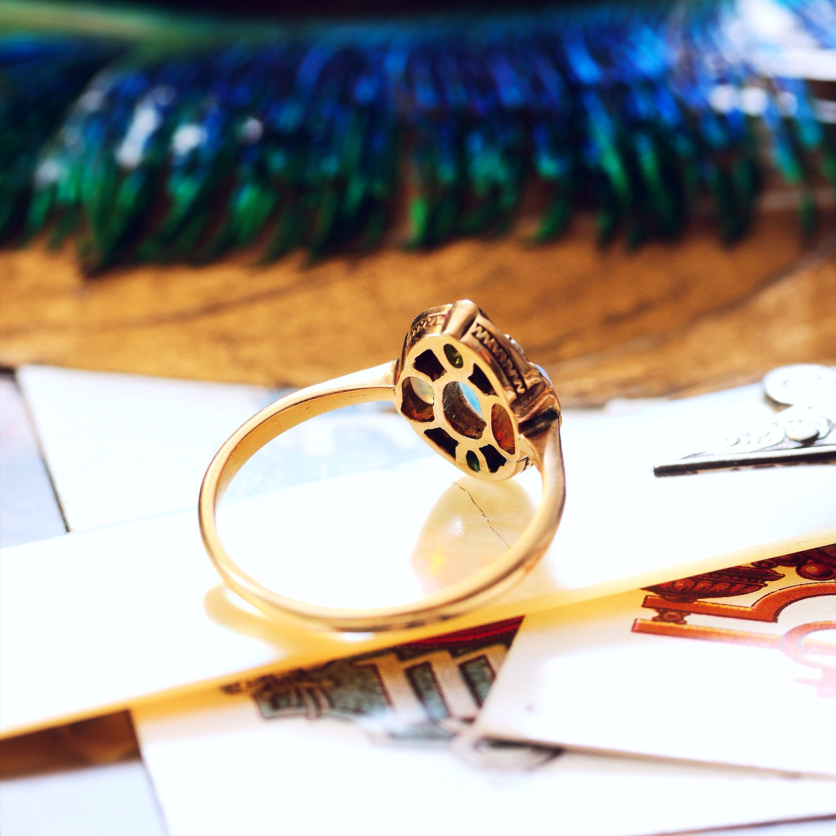 Antique Hand Made Opal, Emerald & Diamond Ring